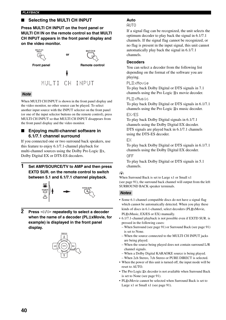 Selecting the multi ch input | Yamaha X-V2600 User Manual | Page 44 / 144