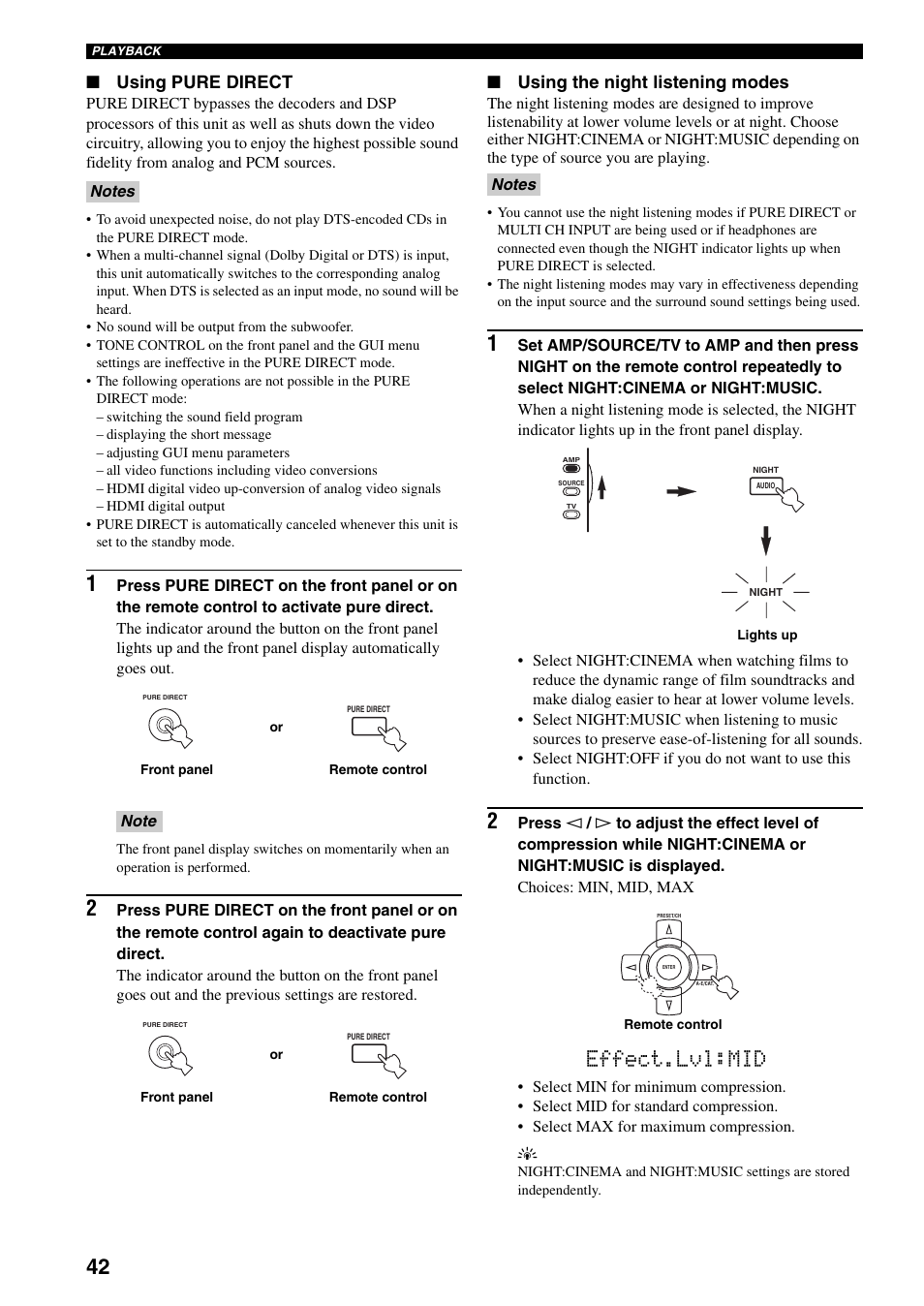 Effect.lvl:mid, Using pure direct, Using the night listening modes | Yamaha X-V2600 User Manual | Page 46 / 144