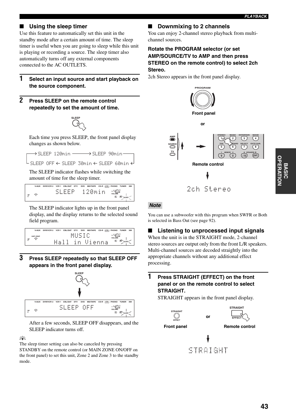 2ch stereo, Using the sleep timer, Downmixing to 2 channels | Listening to unprocessed input signals, Front panel or, Remote control, Front panel remote control or | Yamaha X-V2600 User Manual | Page 47 / 144