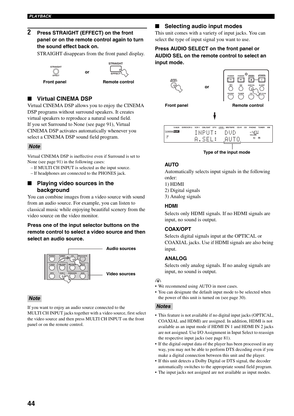 Virtual cinema dsp, Playing video sources in the background, Selecting audio input modes | Yamaha X-V2600 User Manual | Page 48 / 144