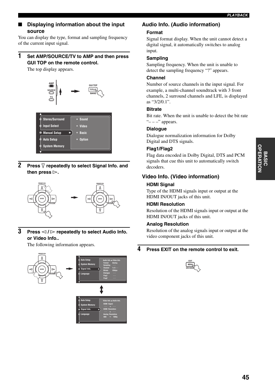 Displaying information about the input source, Audio info. (audio information), Video info. (video information) | Press exit on the remote control to exit | Yamaha X-V2600 User Manual | Page 49 / 144