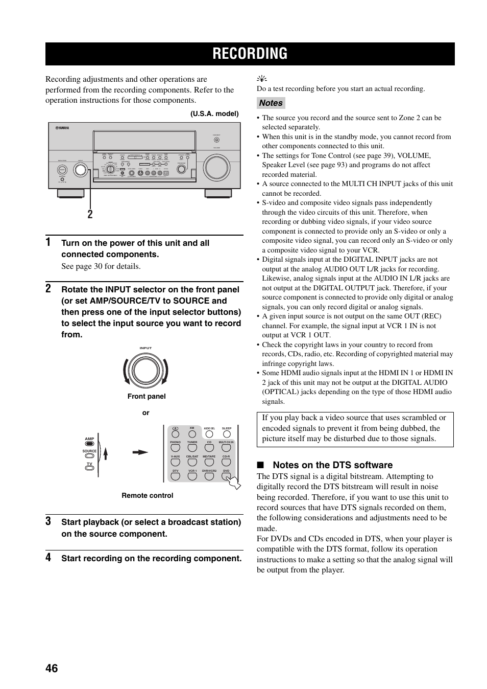 Recording, Start recording on the recording component. y | Yamaha X-V2600 User Manual | Page 50 / 144