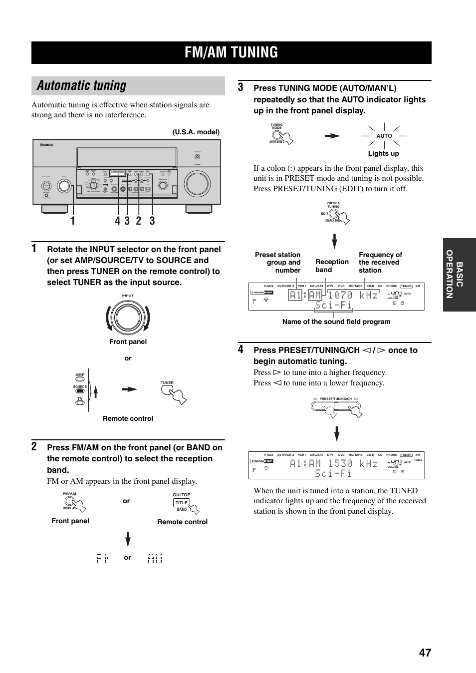 Fm/am tuning, Automatic tuning, Silent cinema s video video l | Audio r optical, Preset/tuning/ch | Yamaha X-V2600 User Manual | Page 51 / 144