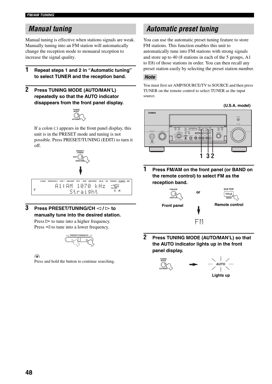 Manual tuning, Automatic preset tuning, Manual tuning automatic preset tuning | Press and hold the button to continue searching, Silent cinema s video video l, Audio r optical, Preset/tuning/ch | Yamaha X-V2600 User Manual | Page 52 / 144