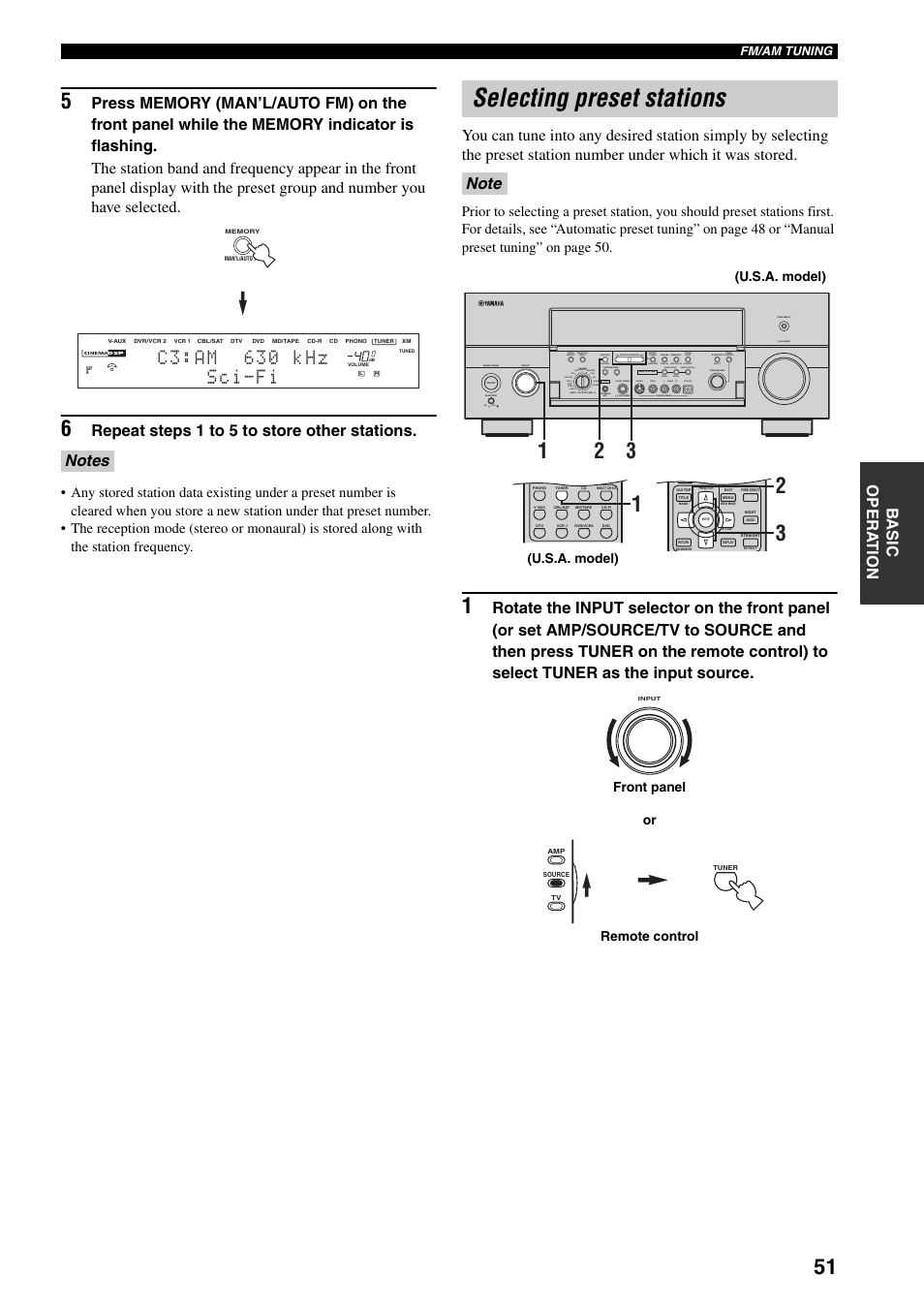 Selecting preset stations, S c i - f i c 3 : a m 6 3 0 k h z, Repeat steps 1 to 5 to store other stations | Silent cinema s video video l, Audio r optical, Preset/tuning/ch, U.s.a. model), Front panel or remote control | Yamaha X-V2600 User Manual | Page 55 / 144