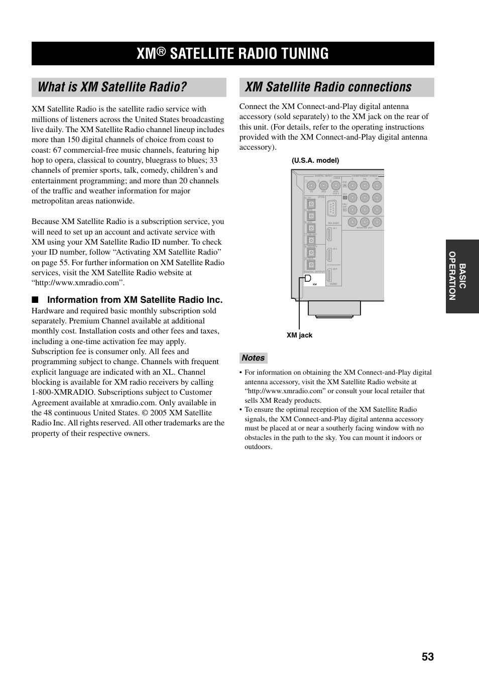 Xm® satellite radio tuning, What is xm satellite radio, Xm satellite radio connections | Satellite radio tuning, Information from xm satellite radio inc | Yamaha X-V2600 User Manual | Page 57 / 144