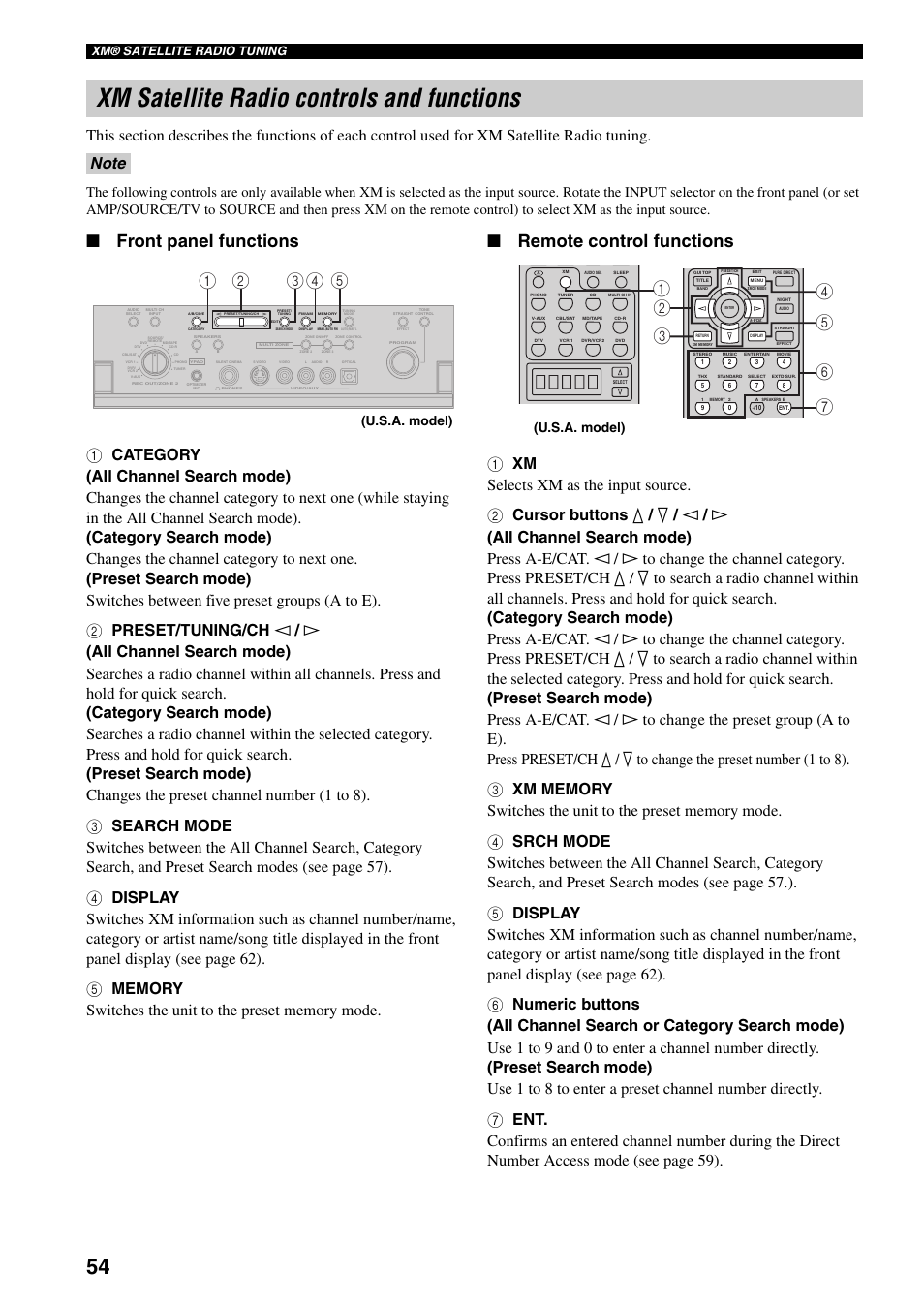 Xm satellite radio controls and functions, Front panel functions, Remote control functions | U.s.a. model), Xm® satellite radio tuning | Yamaha X-V2600 User Manual | Page 58 / 144