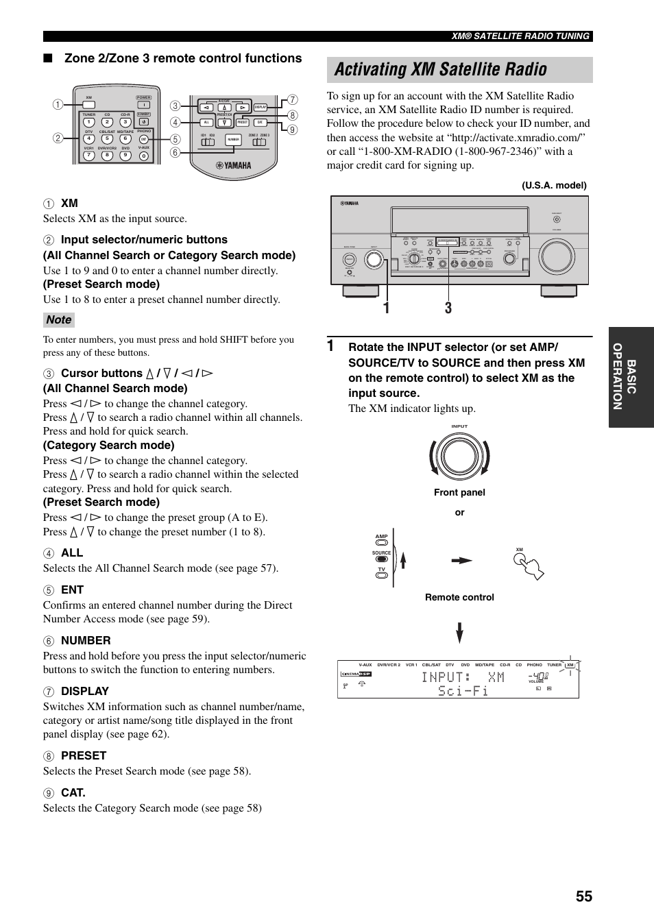 Activating xm satellite radio, Zone 2/zone 3 remote control functions, Silent cinema s video video l | Audio r optical, Preset/tuning/ch, U.s.a. model), Or remote control front panel | Yamaha X-V2600 User Manual | Page 59 / 144