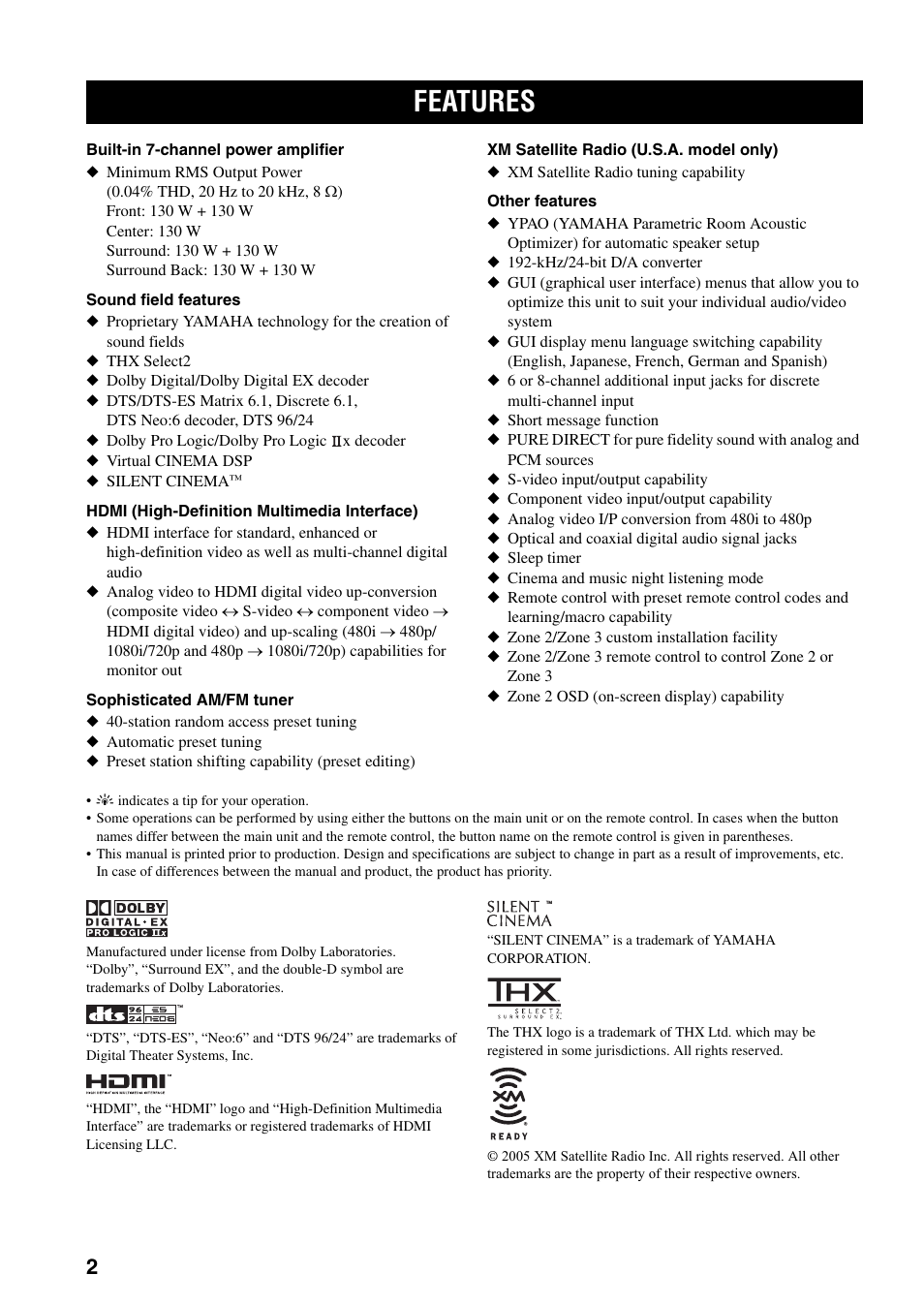 Features | Yamaha X-V2600 User Manual | Page 6 / 144