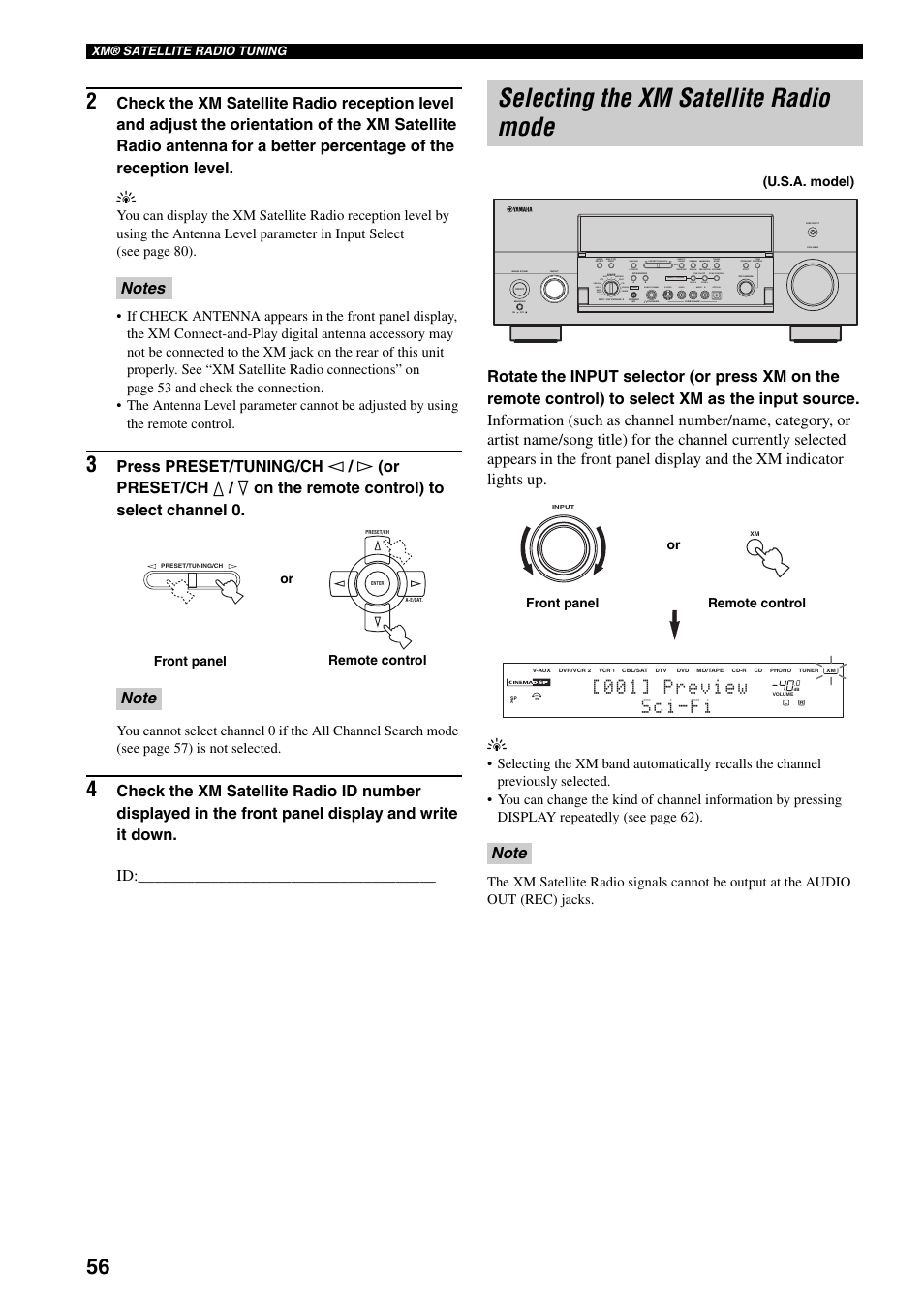 Selecting the xm satellite radio mode, Silent cinema s video video l, Audio r optical | Preset/tuning/ch | Yamaha X-V2600 User Manual | Page 60 / 144