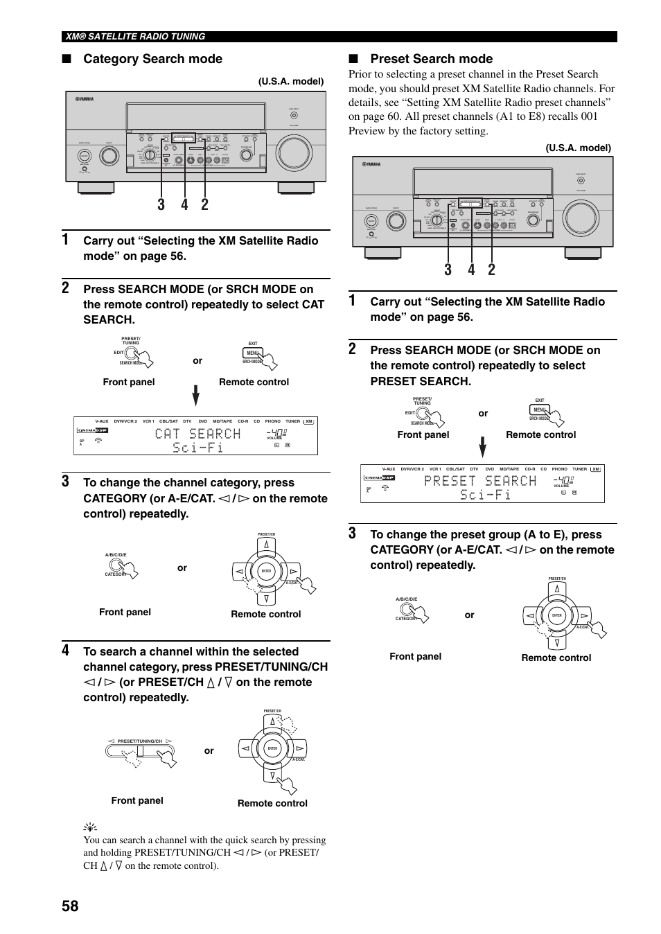 Category search mode, Preset search mode, Silent cinema s video video l | Audio r optical, Preset/tuning/ch | Yamaha X-V2600 User Manual | Page 62 / 144