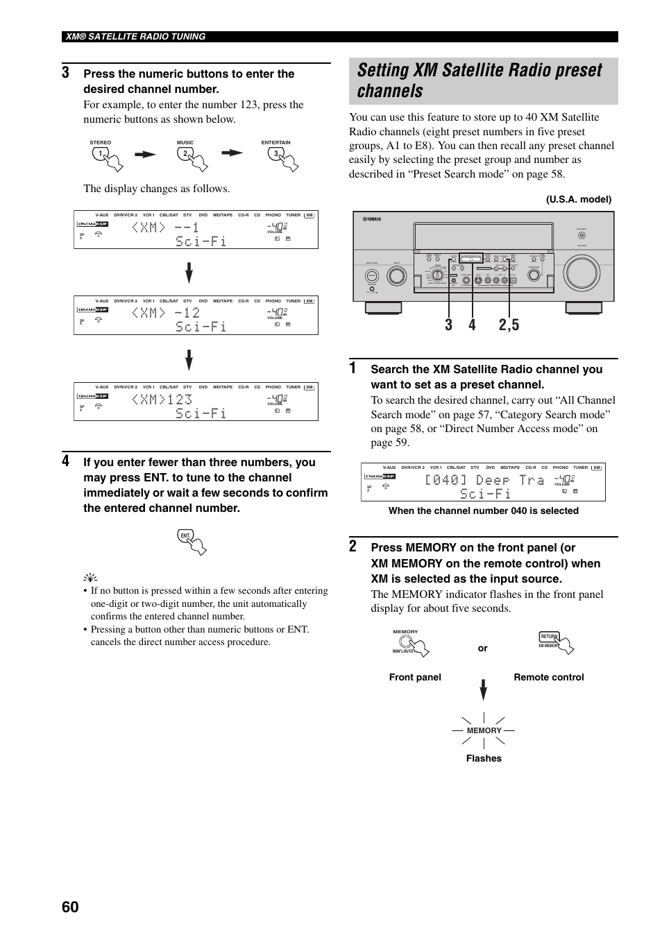 Setting xm satellite radio preset channels, S c i - f i < x m > - 1 2, S c i - f i < x m > 1 2 3 | S c i - f i < x m, Silent cinema s video video l, Audio r optical, Preset/tuning/ch, U.s.a. model), When the channel number 040 is selected, Flashes or front panel remote control | Yamaha X-V2600 User Manual | Page 64 / 144