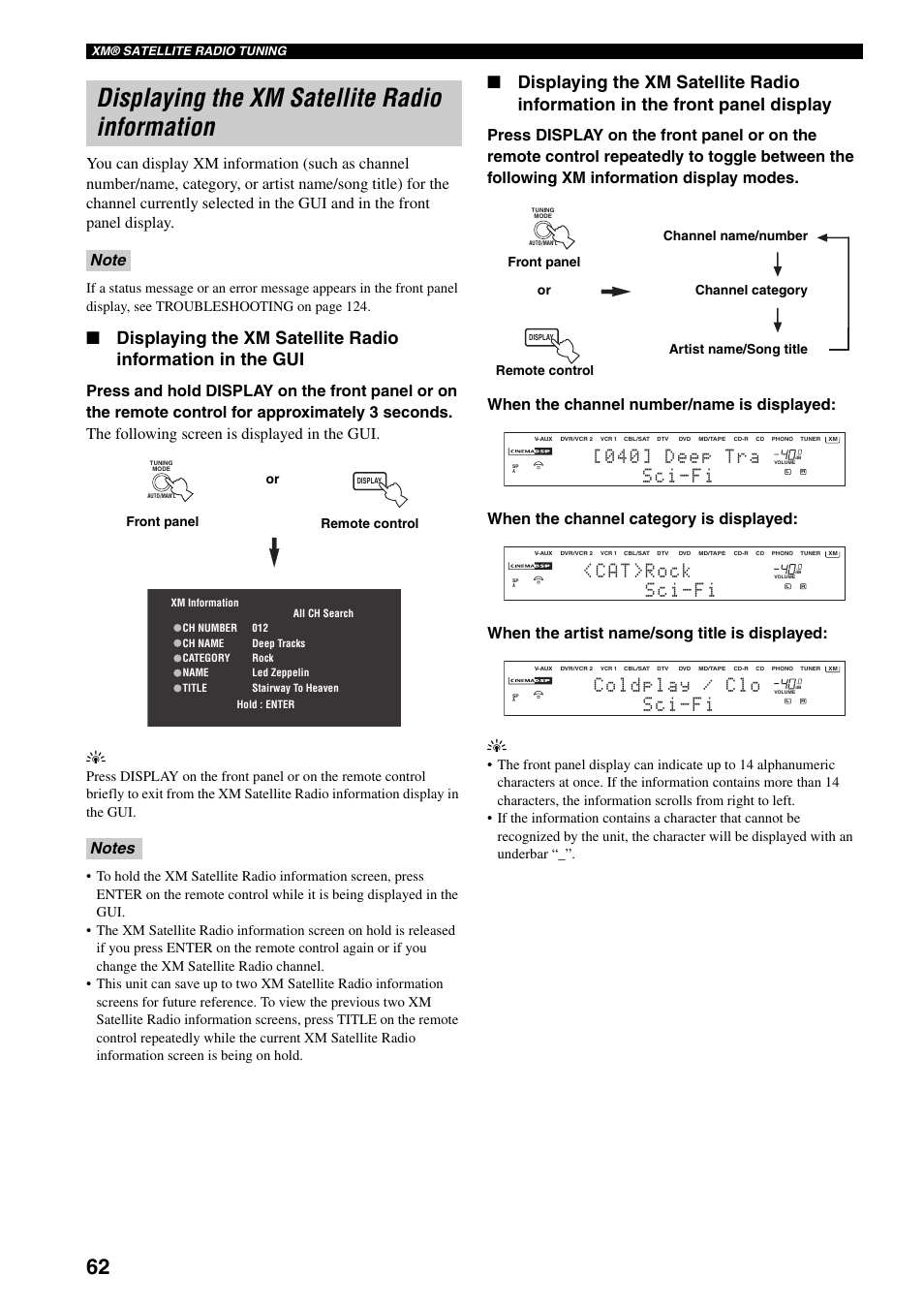 Displaying the xm satellite radio information, Displaying the xm satellite radio, Information | S c i - f i < c a t > r o c k, Or front panel remote control | Yamaha X-V2600 User Manual | Page 66 / 144