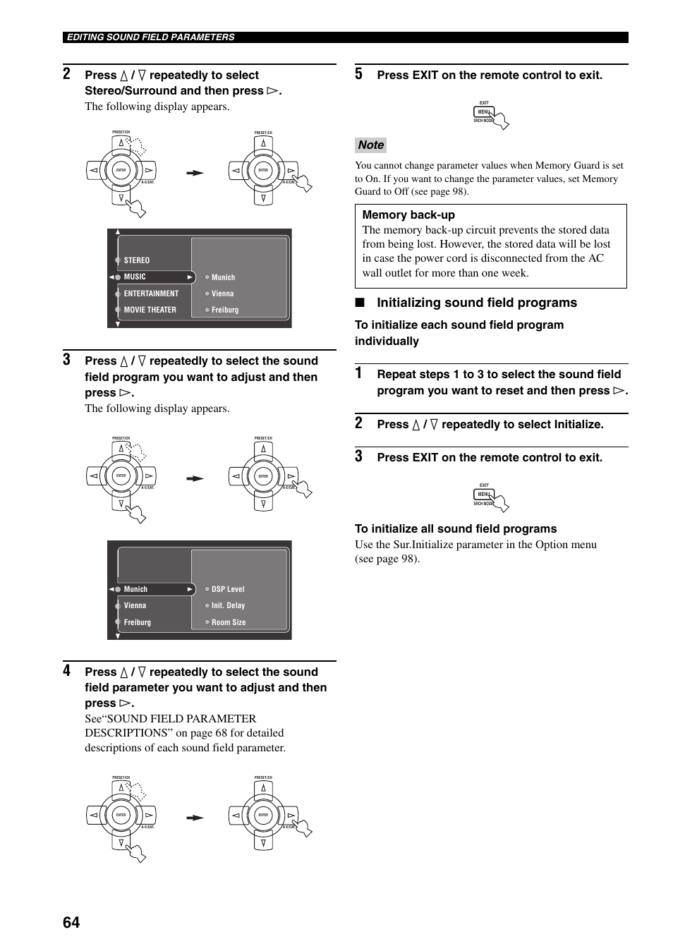 Initializing sound field programs, Press exit on the remote control to exit, Press k / n repeatedly to select initialize | Yamaha X-V2600 User Manual | Page 68 / 144