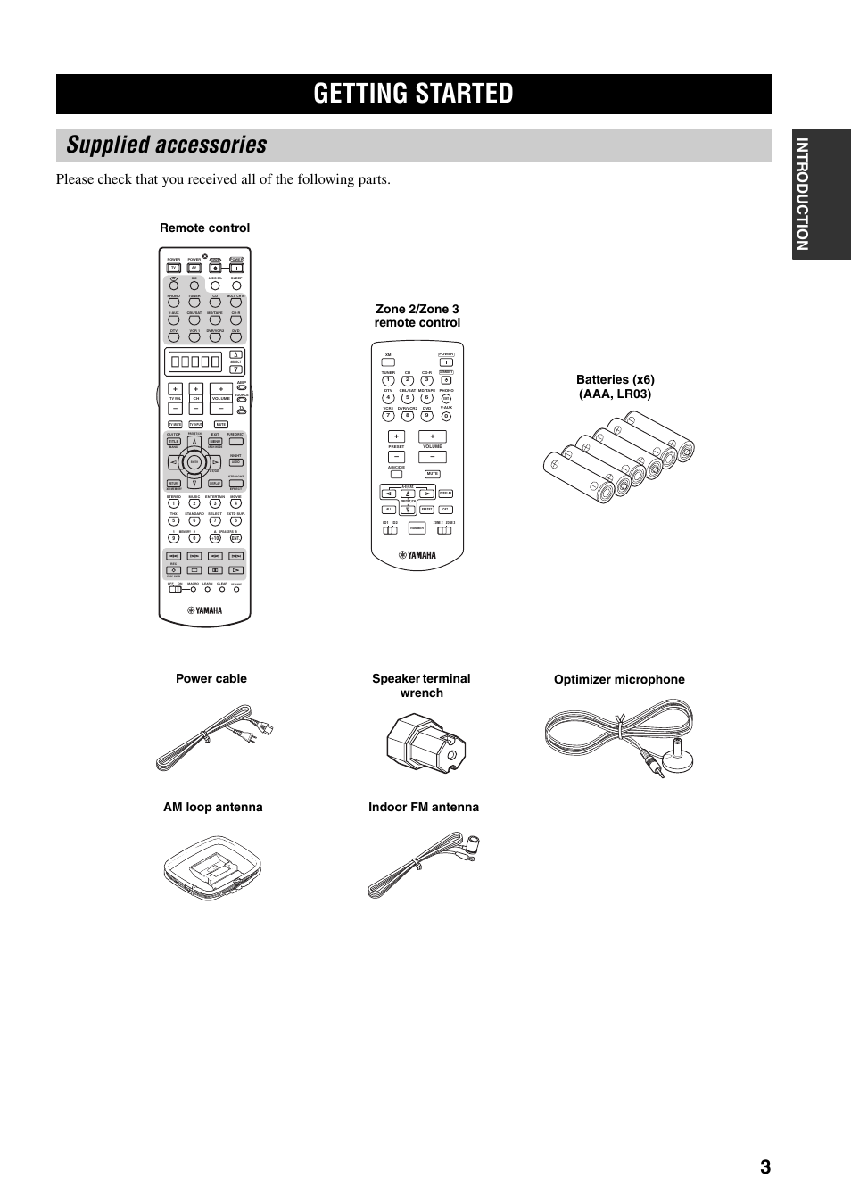 Getting started, Supplied accessories, Zone 2/zone 3 remote control | Yamaha X-V2600 User Manual | Page 7 / 144