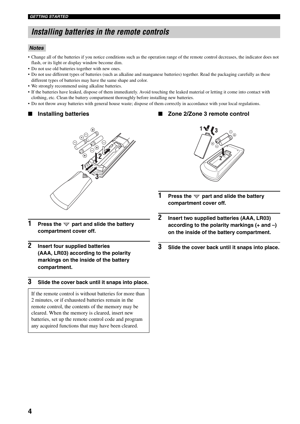 Installing batteries in the remote controls | Yamaha X-V2600 User Manual | Page 8 / 144