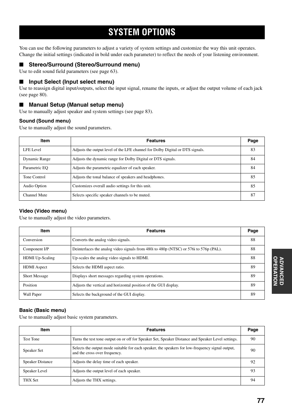 System options, Stereo/surround (stereo/surround menu), Input select (input select menu) | Manual setup (manual setup menu) | Yamaha X-V2600 User Manual | Page 81 / 144