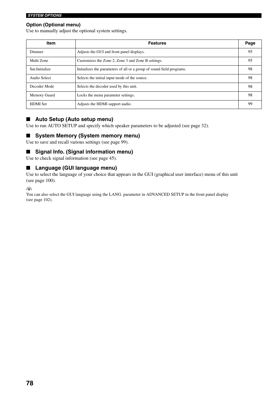 Auto setup (auto setup menu), Signal info. (signal information menu), Language (gui language menu) | Yamaha X-V2600 User Manual | Page 82 / 144