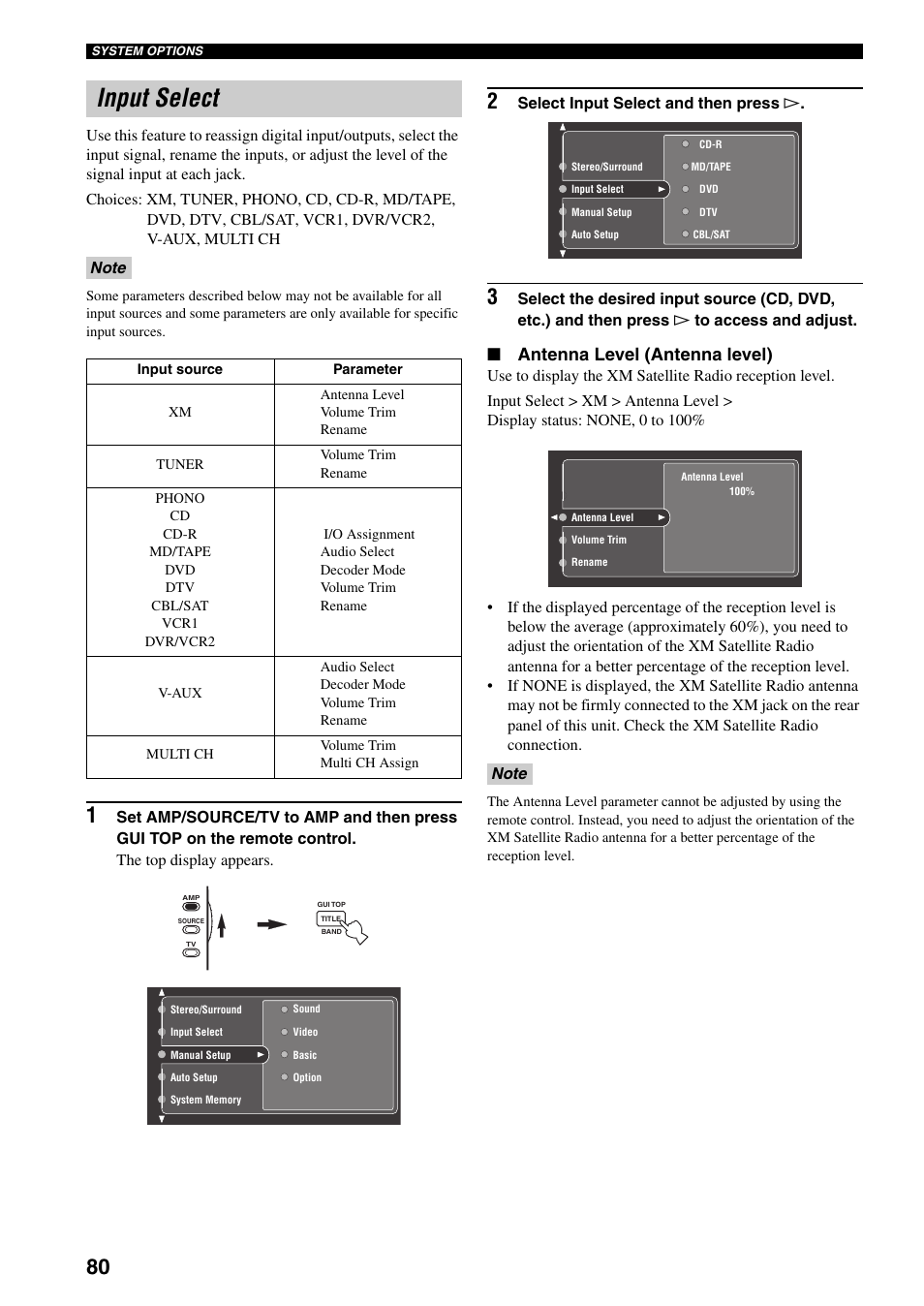 Input select, Antenna level (antenna level) | Yamaha X-V2600 User Manual | Page 84 / 144