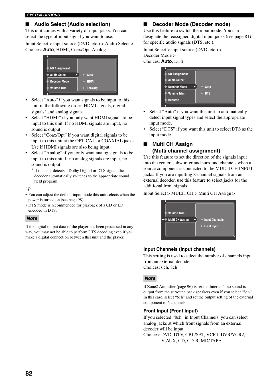 Audio select (audio selection), Decoder mode (decoder mode), Multi ch assign (multi channel assignment) | Yamaha X-V2600 User Manual | Page 86 / 144