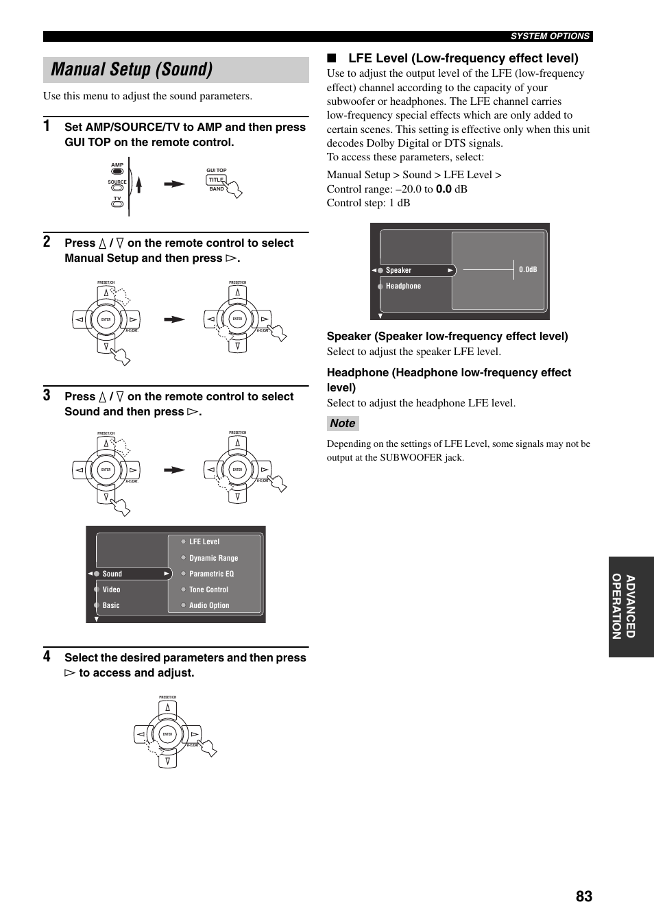 Manual setup (sound), Lfe level (low-frequency effect level) | Yamaha X-V2600 User Manual | Page 87 / 144