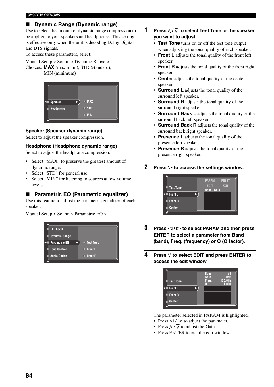 Dynamic range (dynamic range), Parametric eq (parametric equalizer) | Yamaha X-V2600 User Manual | Page 88 / 144