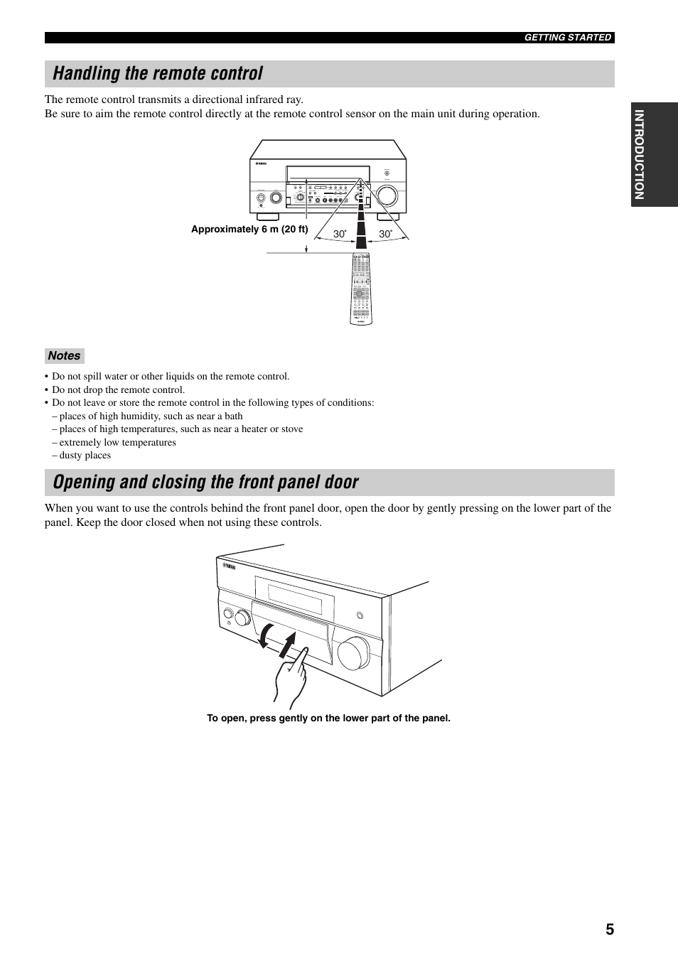 Handling the remote control, Opening and closing the front panel door | Yamaha X-V2600 User Manual | Page 9 / 144
