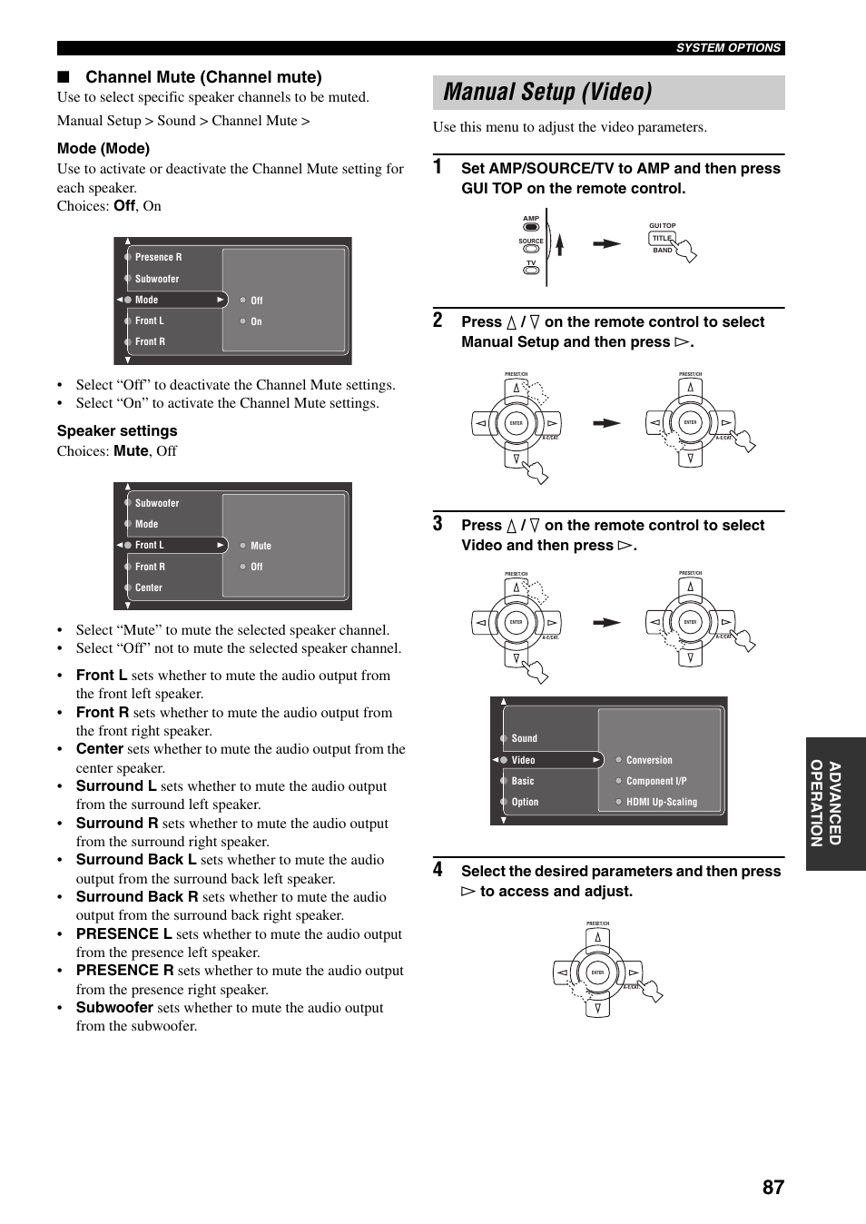 Manual setup (video), Channel mute (channel mute) | Yamaha X-V2600 User Manual | Page 91 / 144