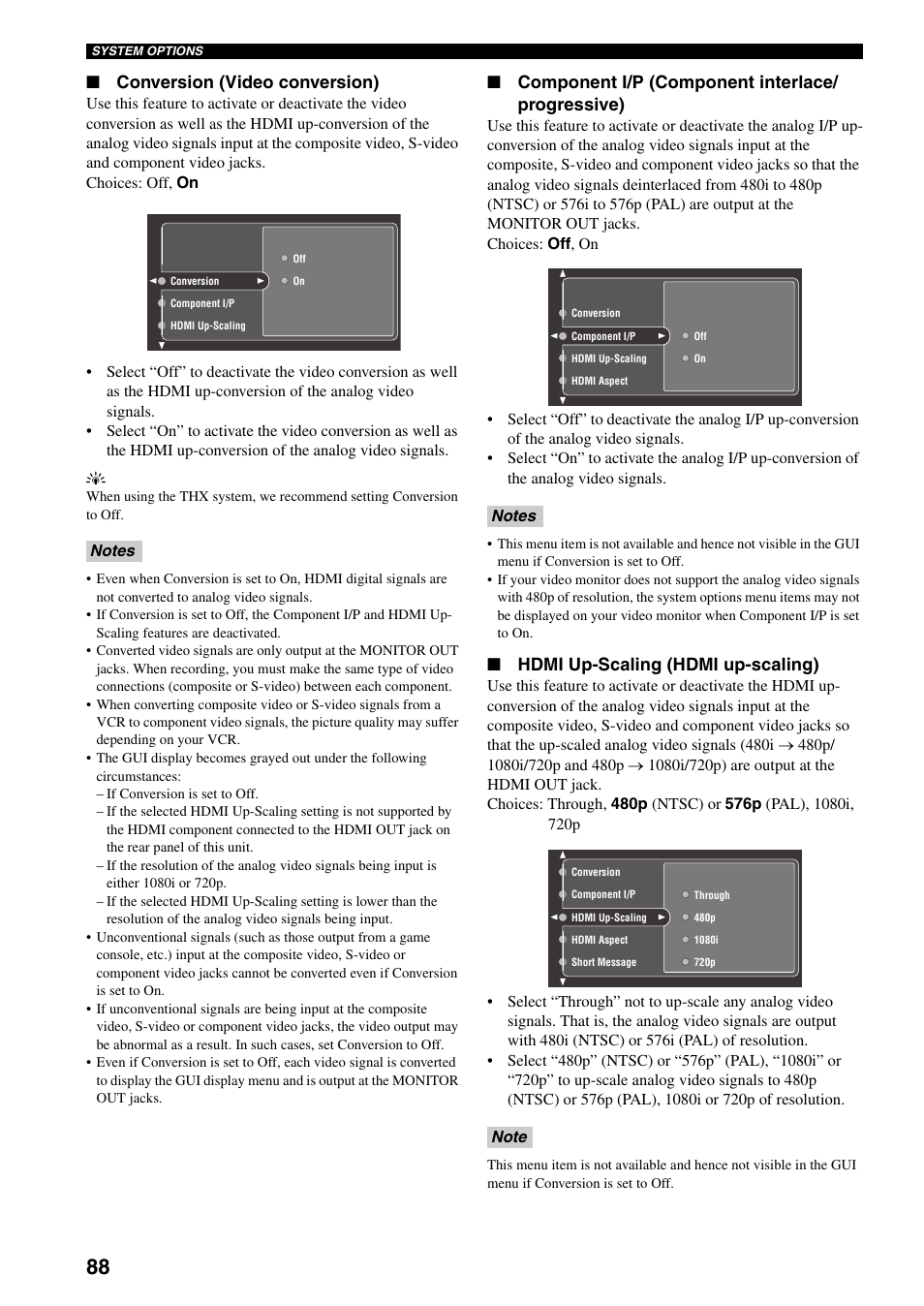 Conversion (video conversion), Component i/p (component interlace/ progressive), Hdmi up-scaling (hdmi up-scaling) | Yamaha X-V2600 User Manual | Page 92 / 144