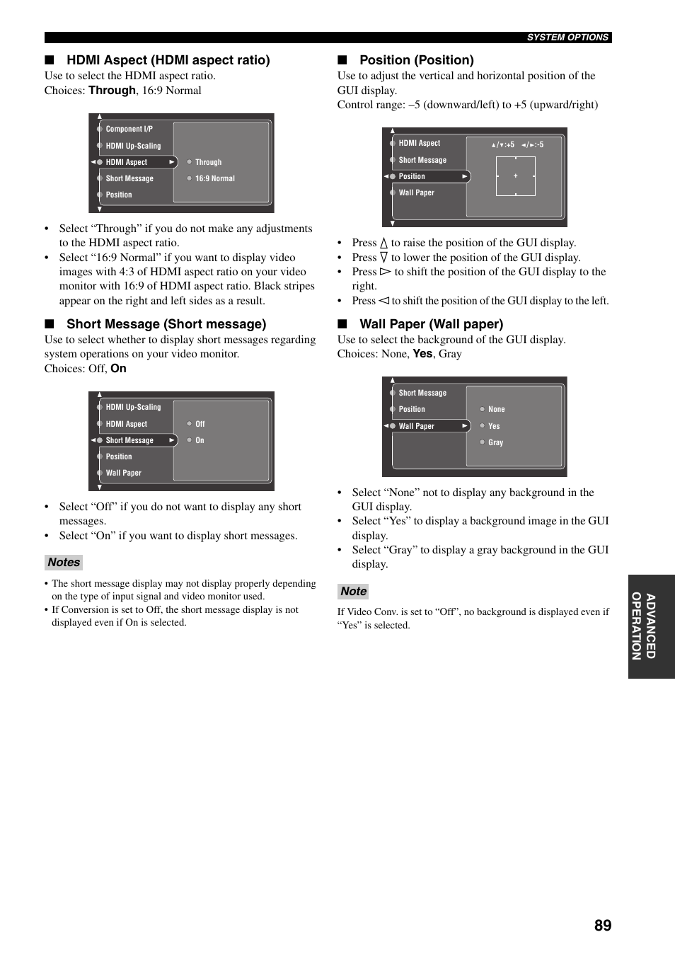 Hdmi aspect (hdmi aspect ratio), Short message (short message), Position (position) | Wall paper (wall paper) | Yamaha X-V2600 User Manual | Page 93 / 144