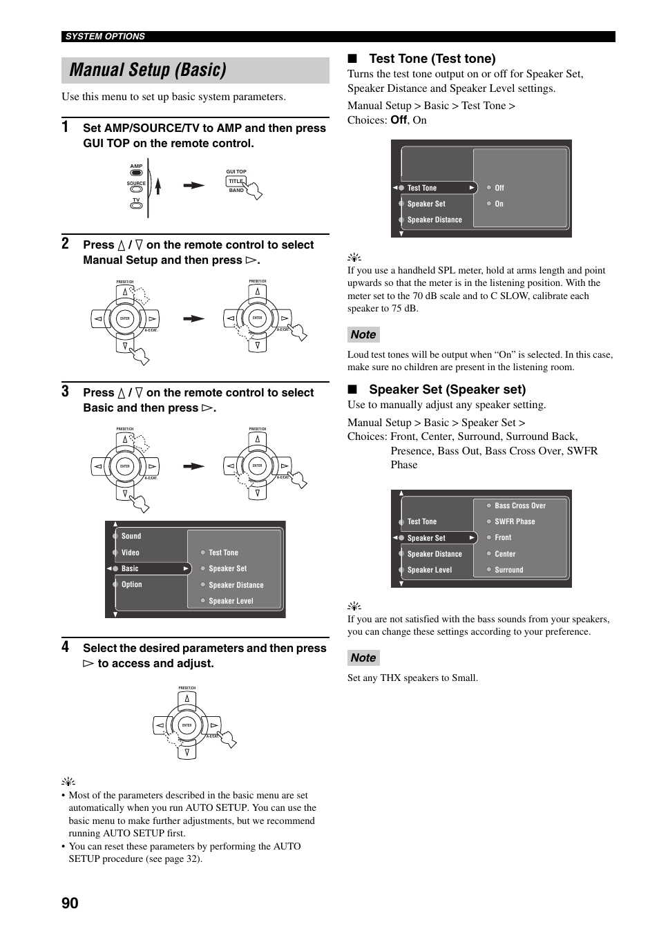 Manual setup (basic), Test tone (test tone), Speaker set (speaker set) | Use this menu to set up basic system parameters | Yamaha X-V2600 User Manual | Page 94 / 144