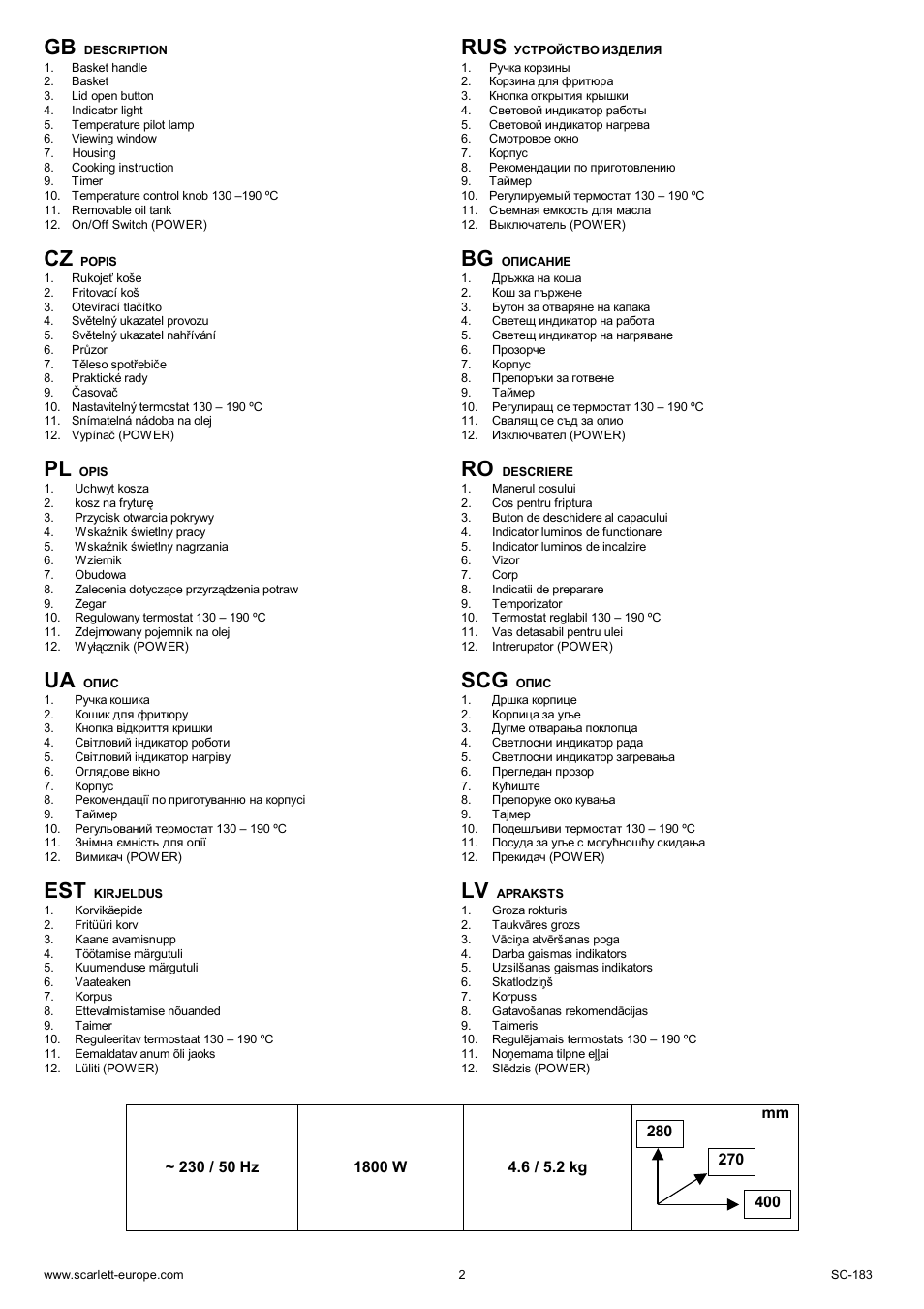 Ua scg | Scarlett SC-183 User Manual | Page 2 / 20