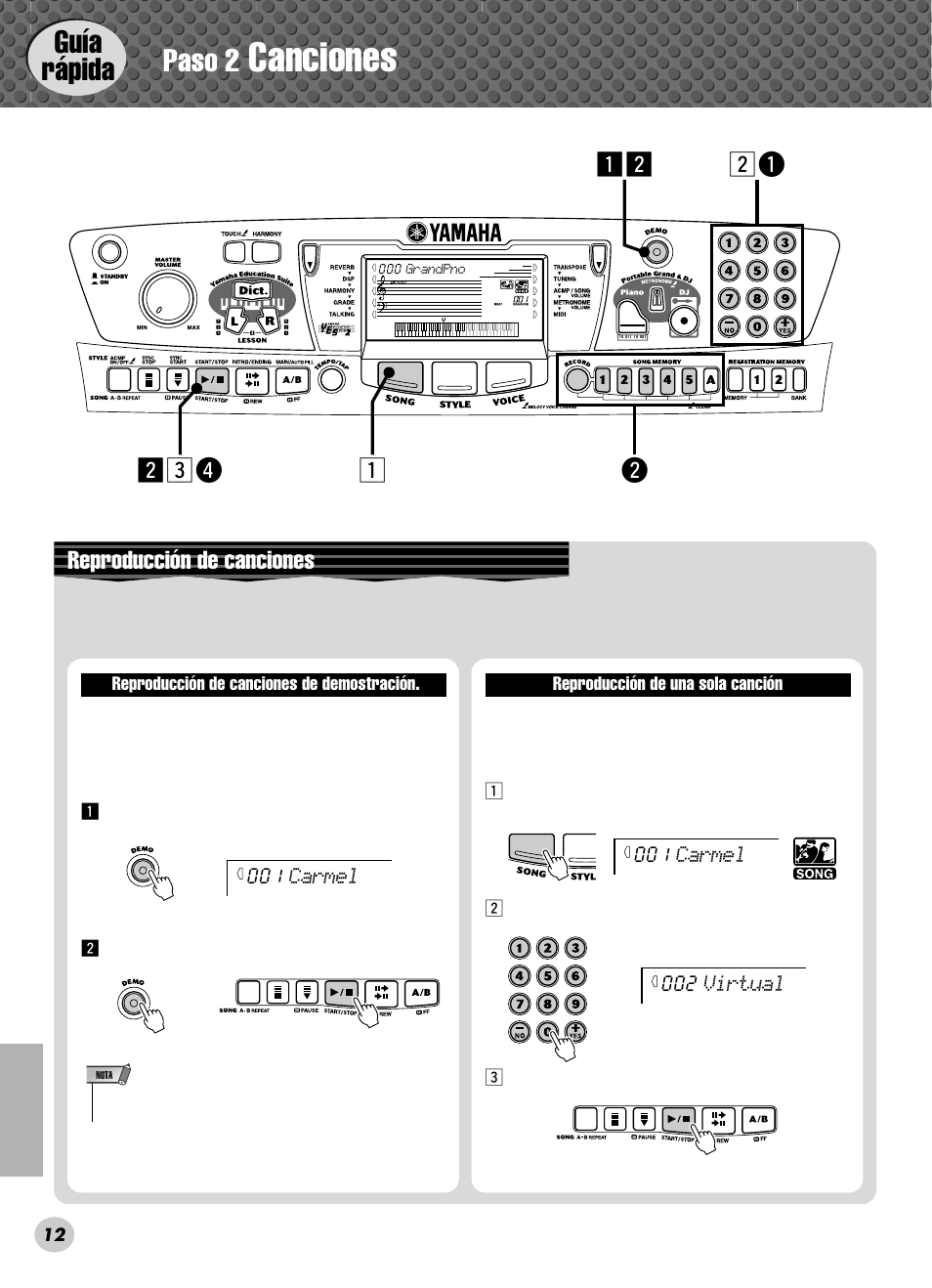 Canciones, Guía rápida paso 2, Xq zx z xcr w | Reproducción de canciones | Yamaha PSR-280 User Manual | Page 12 / 92