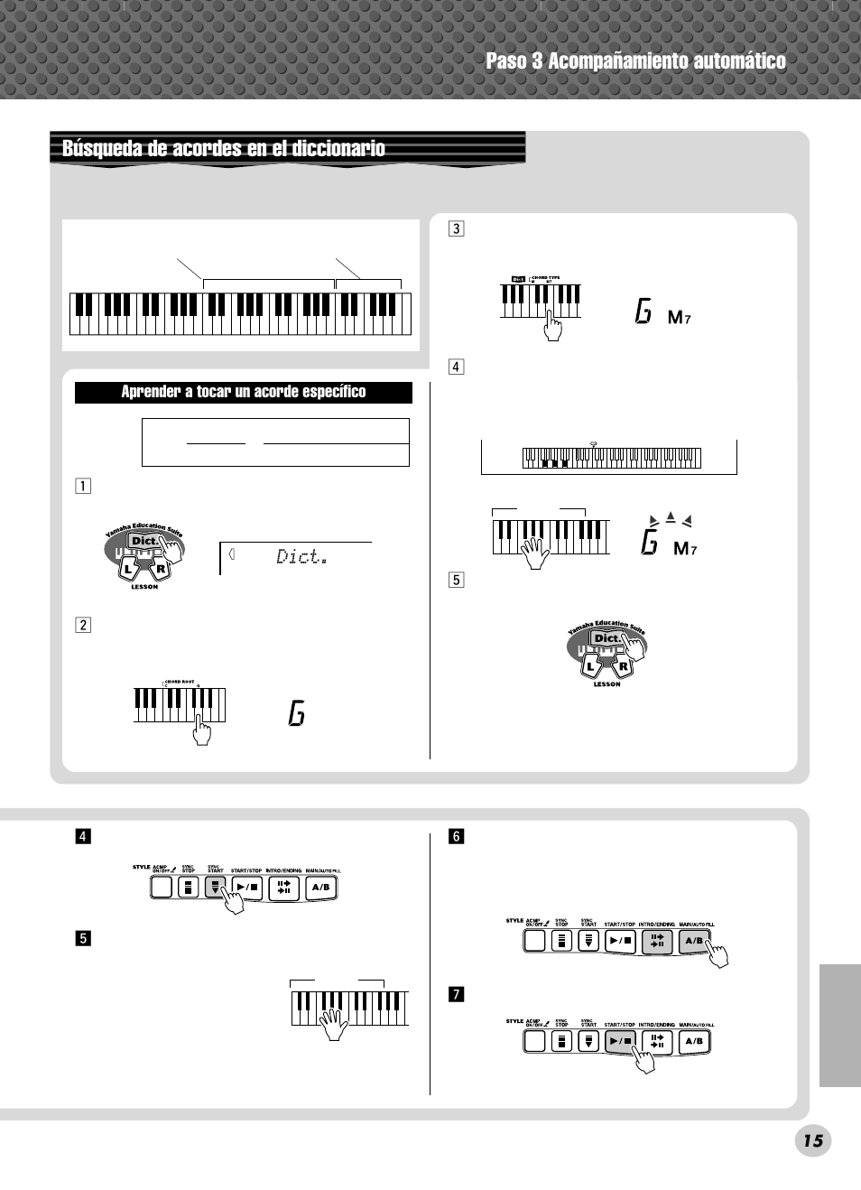 Paso 3 acompañamiento automático, Búsqueda de acordes en el diccionario, Dict | Yamaha PSR-280 User Manual | Page 15 / 92