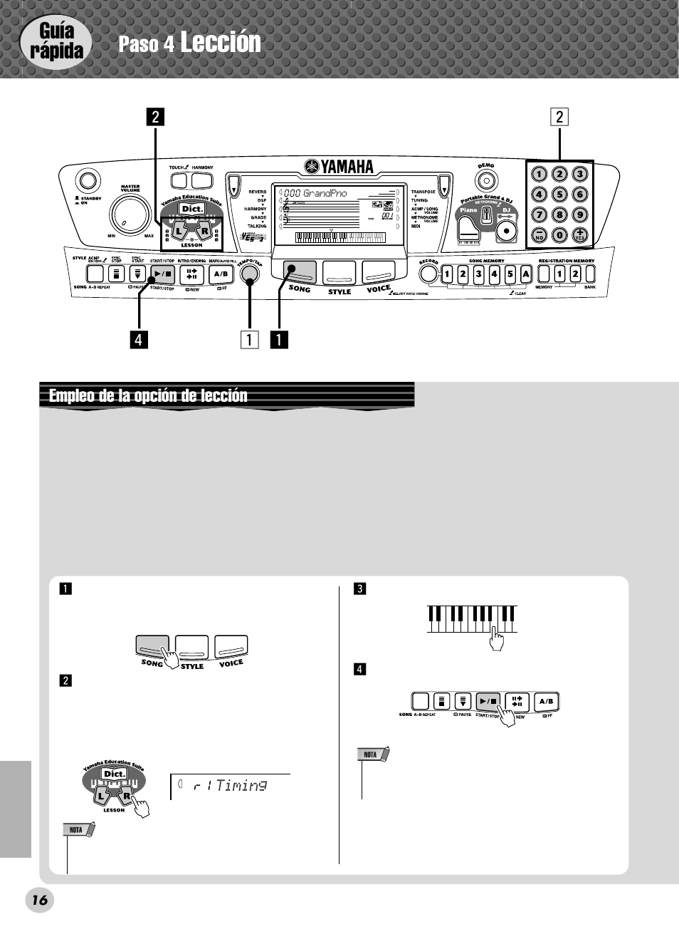 Lección, Guía rápida, Paso 4 | Xz z v, Empleo de la opción de lección | Yamaha PSR-280 User Manual | Page 16 / 92