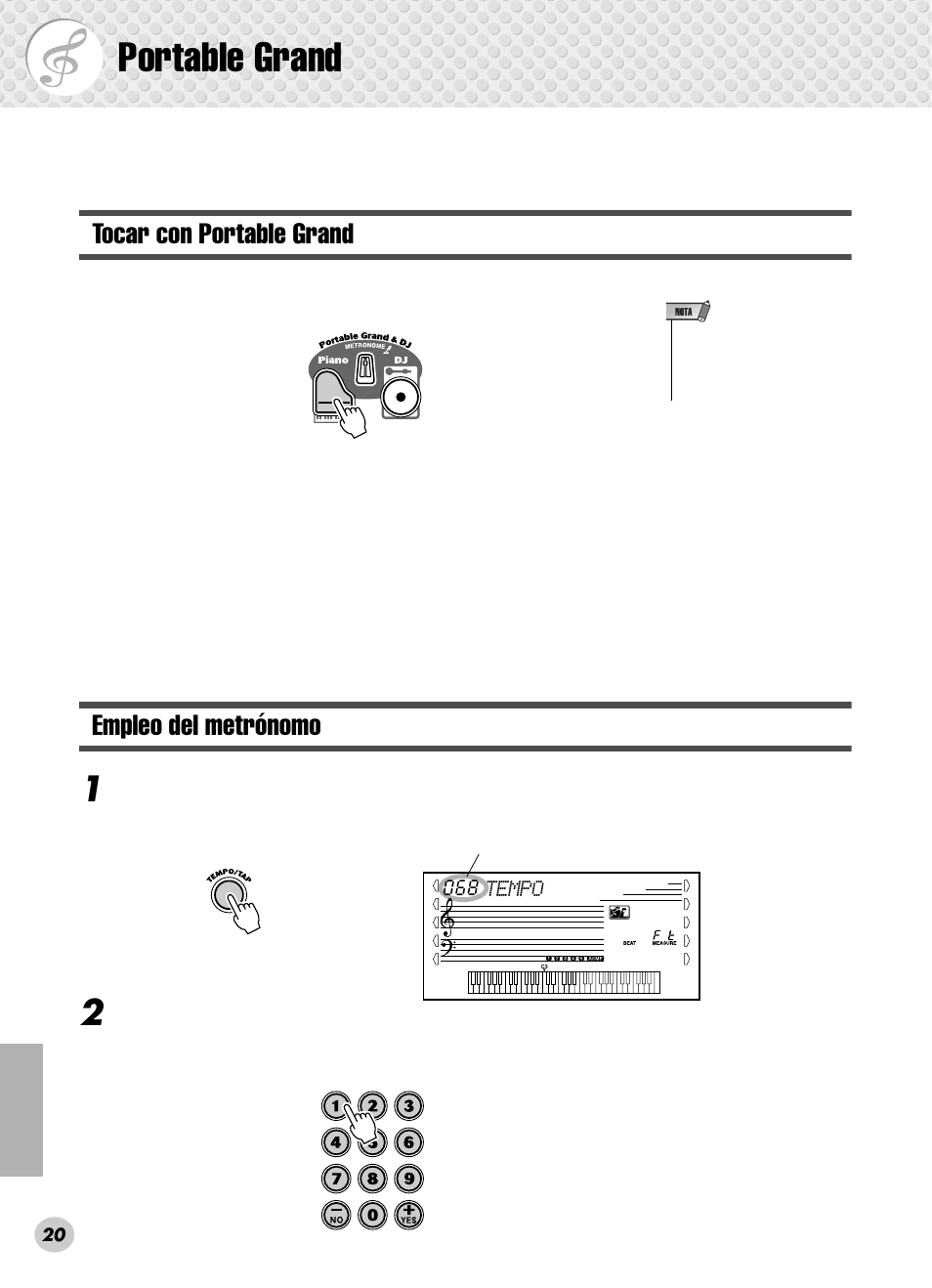Portable grand, Tocar con portable grand, Empleo del metrónomo | Yamaha PSR-280 User Manual | Page 20 / 92