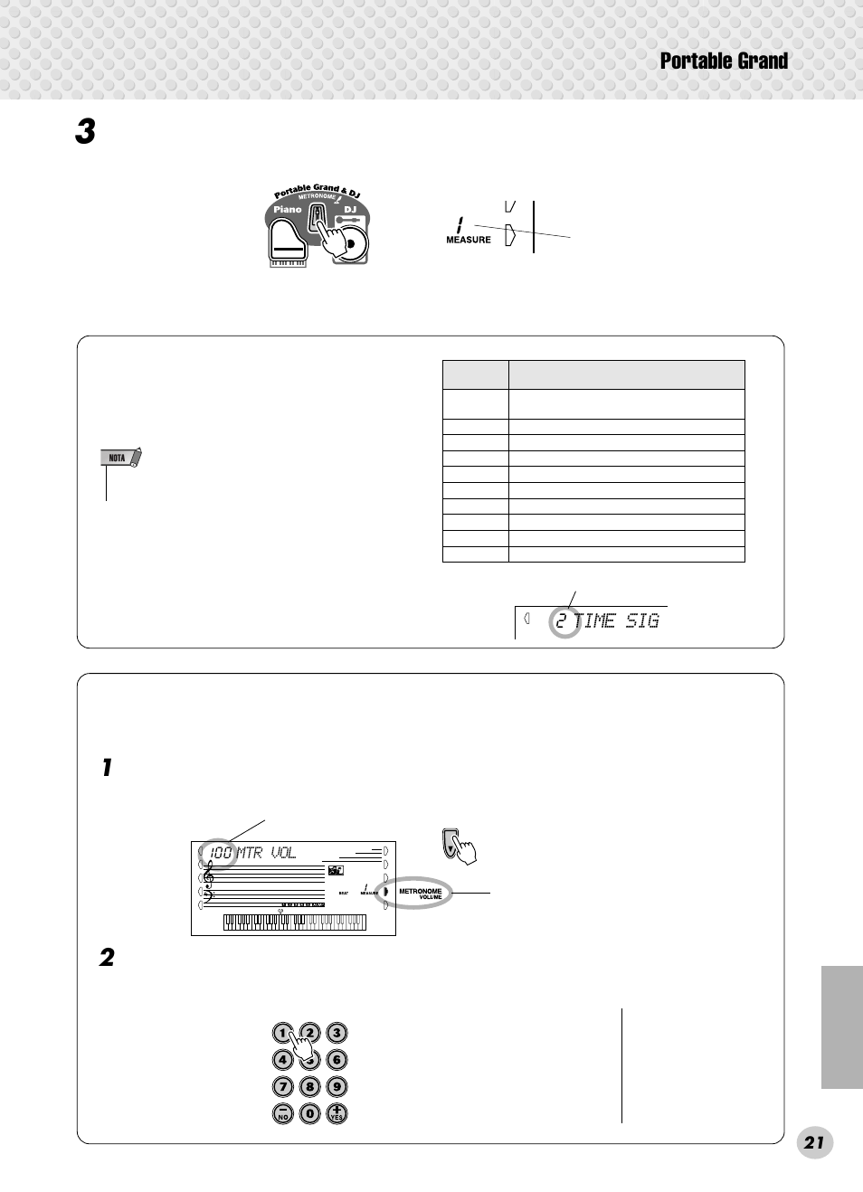 Portable grand, Time sig, Active el metrónomo | Yamaha PSR-280 User Manual | Page 21 / 92