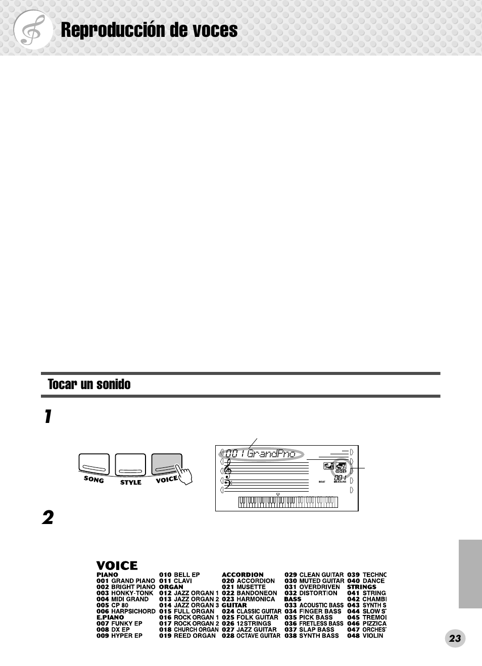 Reproducción de voces, Tocar un sonido | Yamaha PSR-280 User Manual | Page 23 / 92