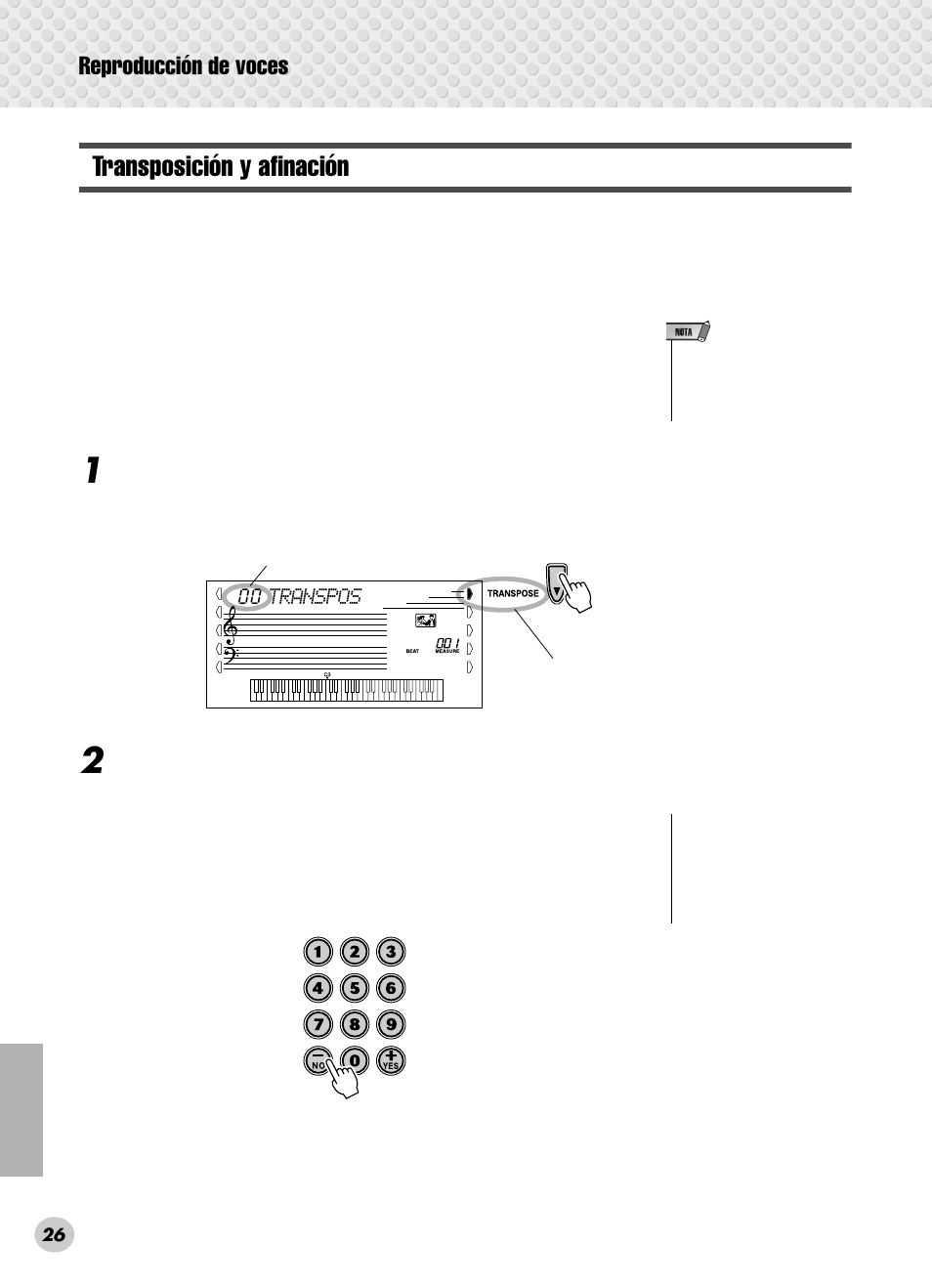 Transposición y afinación, Reproducción de voces | Yamaha PSR-280 User Manual | Page 26 / 92