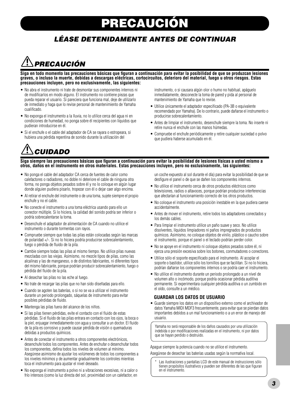 Precaución, Léase detenidamente antes de continuar, Cuidado | Yamaha PSR-280 User Manual | Page 3 / 92