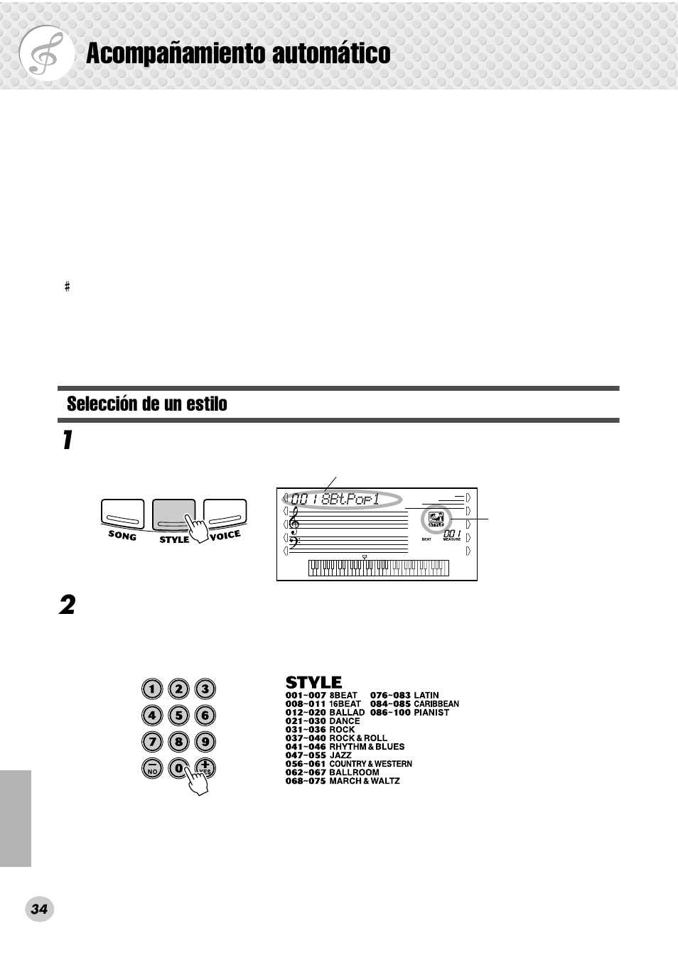 Acompañamiento automático, Selección de un estilo | Yamaha PSR-280 User Manual | Page 34 / 92