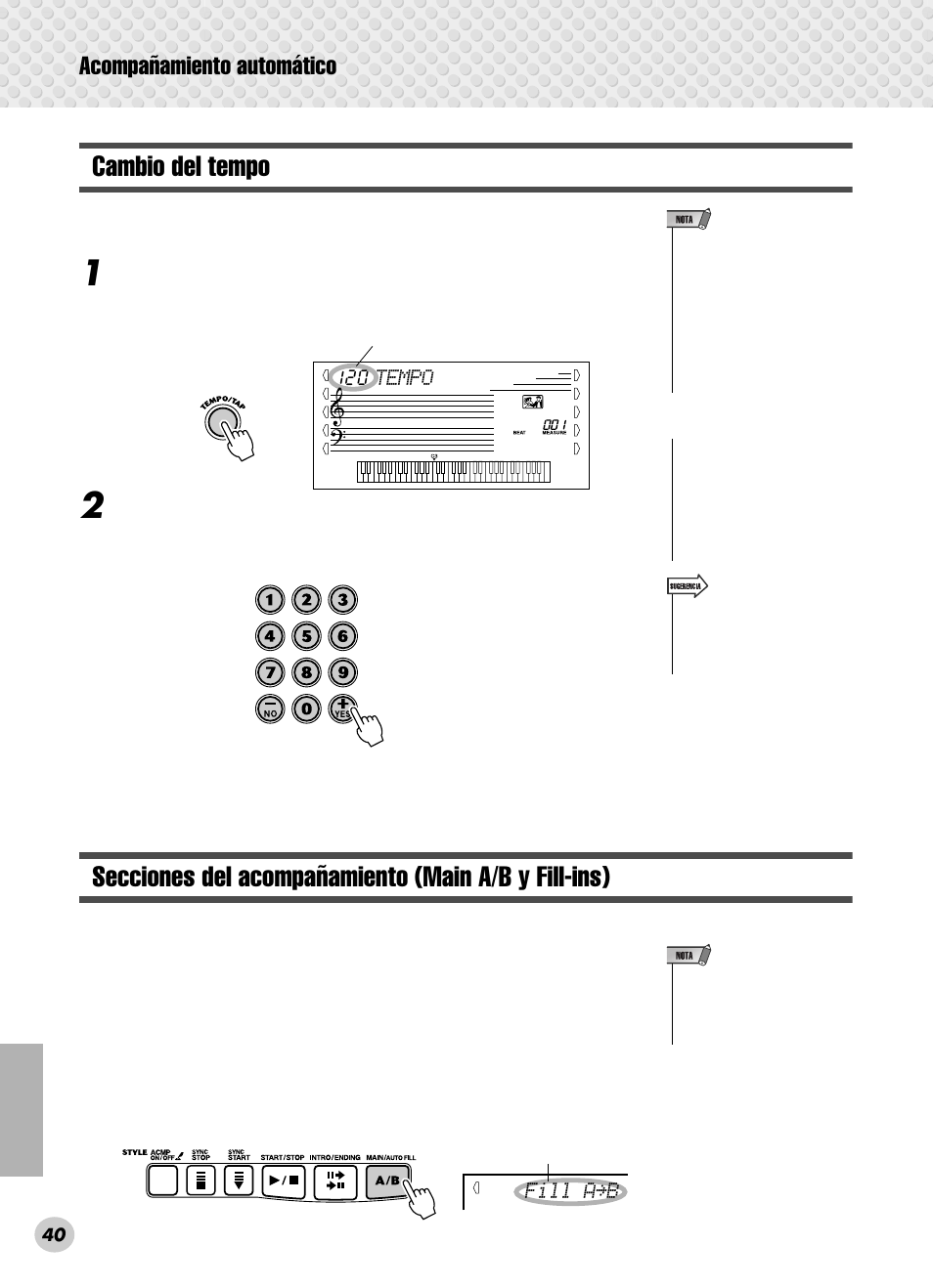 Cambio del tempo, Secciones del acompañamiento (main a/b y fill-ins), Acompañamiento automático | Yamaha PSR-280 User Manual | Page 40 / 92