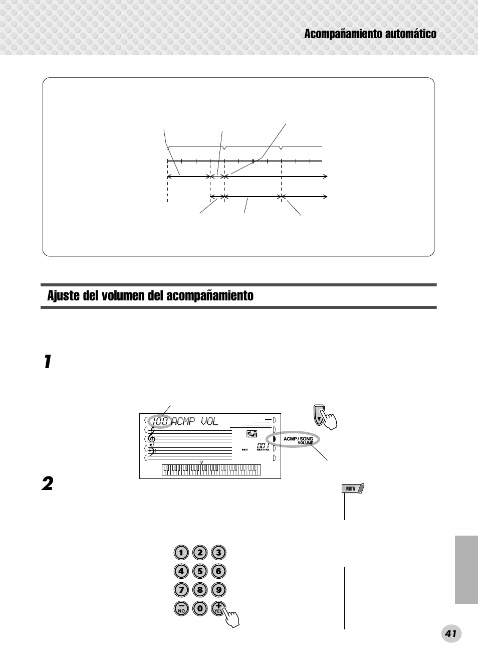 Ajuste del volumen del acompañamiento, Acompañamiento automático, Acmp vol | Cambie el valor | Yamaha PSR-280 User Manual | Page 41 / 92