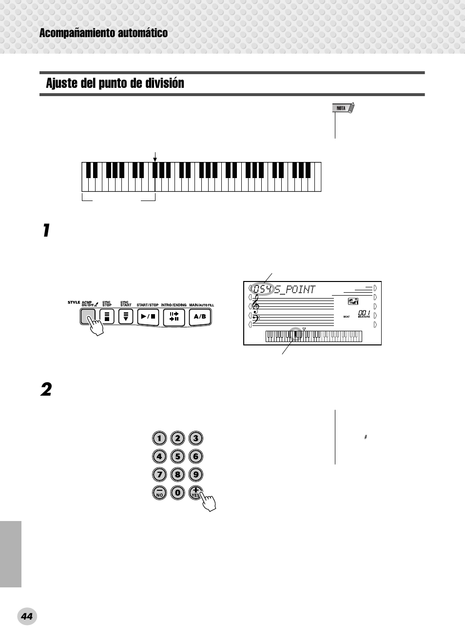 Ajuste del punto de división, Acompañamiento automático | Yamaha PSR-280 User Manual | Page 44 / 92