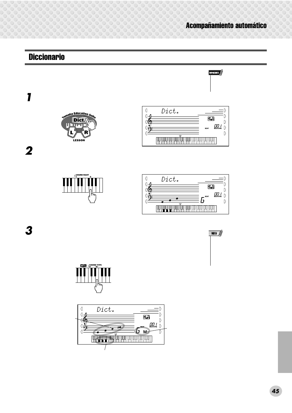 Diccionario, Acompañamiento automático | Yamaha PSR-280 User Manual | Page 45 / 92