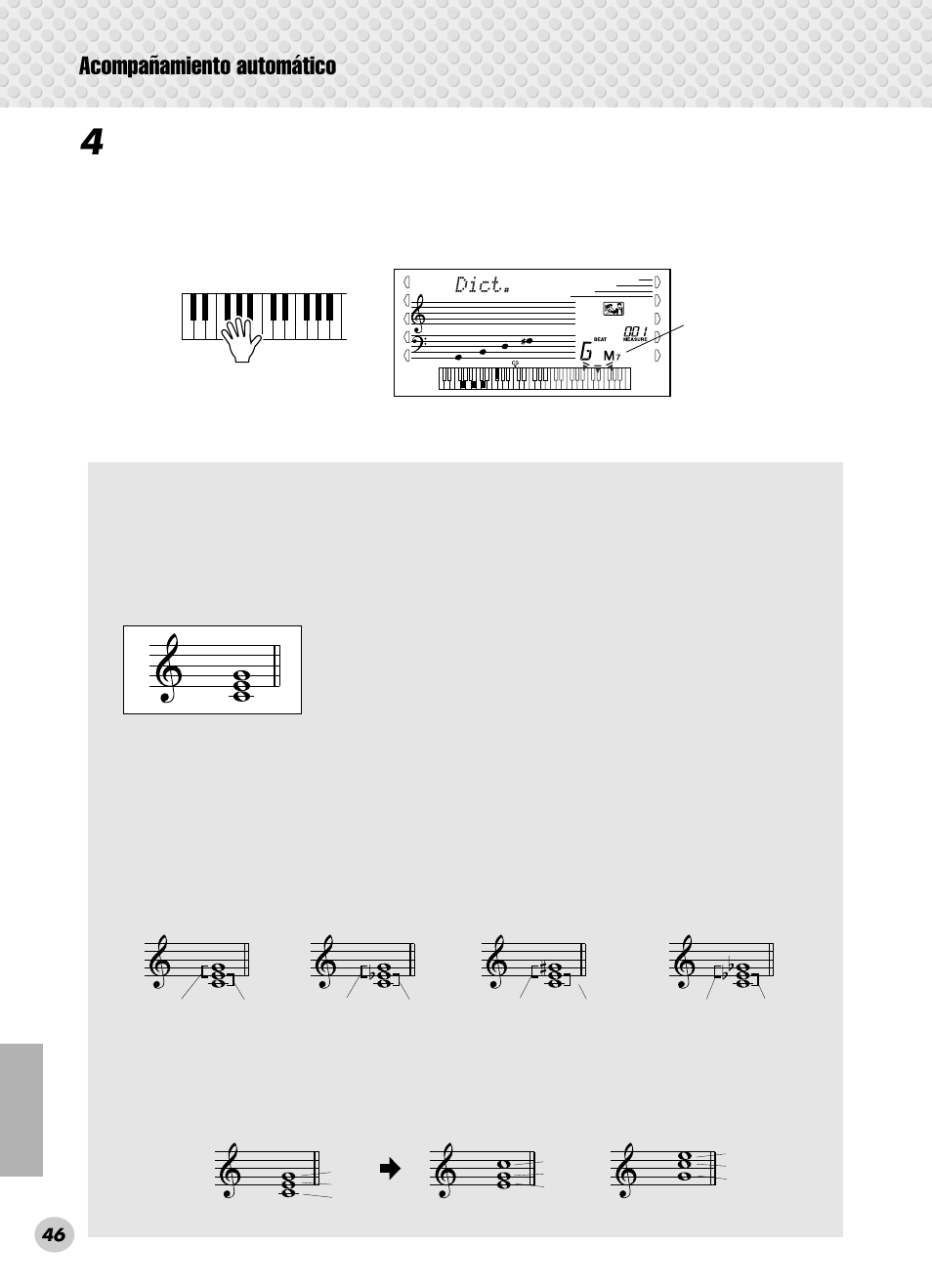 Acompañamiento automático, Dict, Toque el acorde | Qué es un acorde | Yamaha PSR-280 User Manual | Page 46 / 92