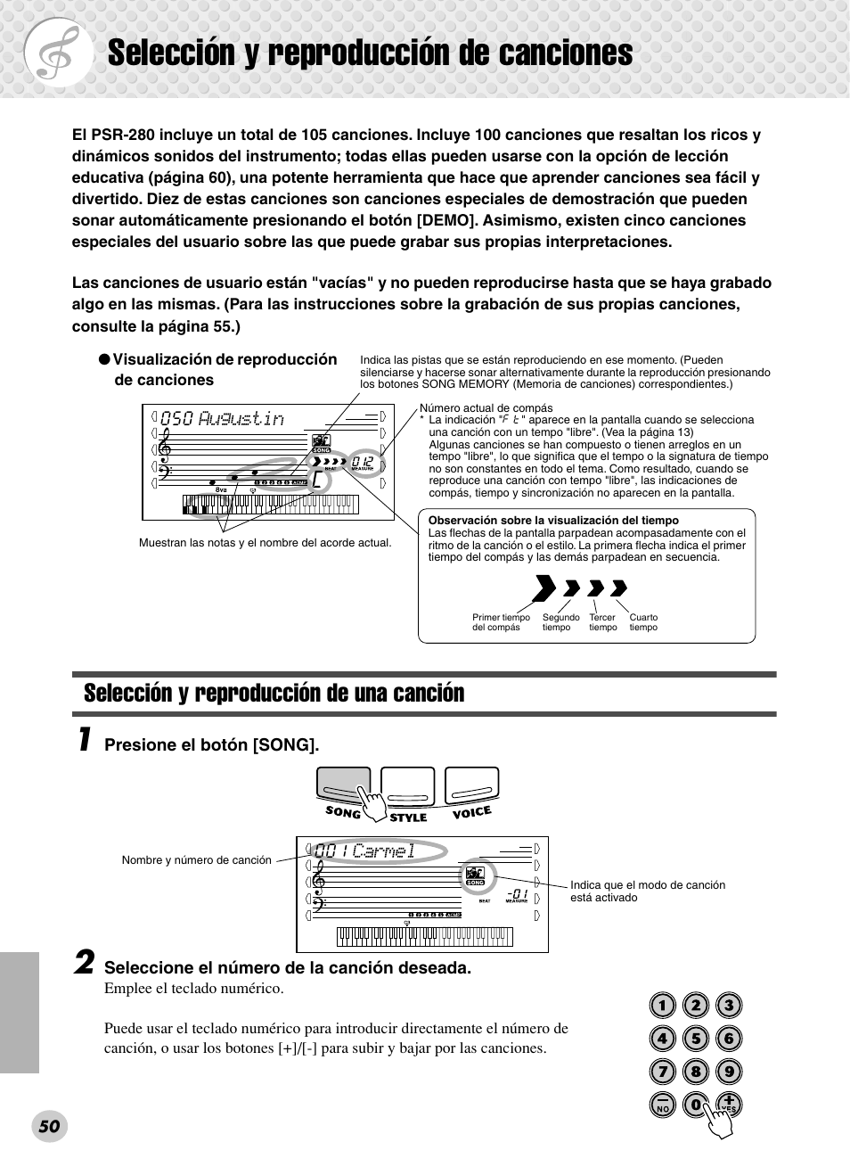 Selección y reproducción de canciones, Selección y reproducción de una canción | Yamaha PSR-280 User Manual | Page 50 / 92