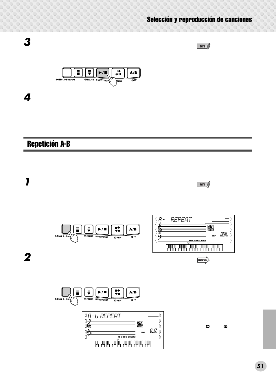 Repetición a-b, Selección y reproducción de canciones | Yamaha PSR-280 User Manual | Page 51 / 92