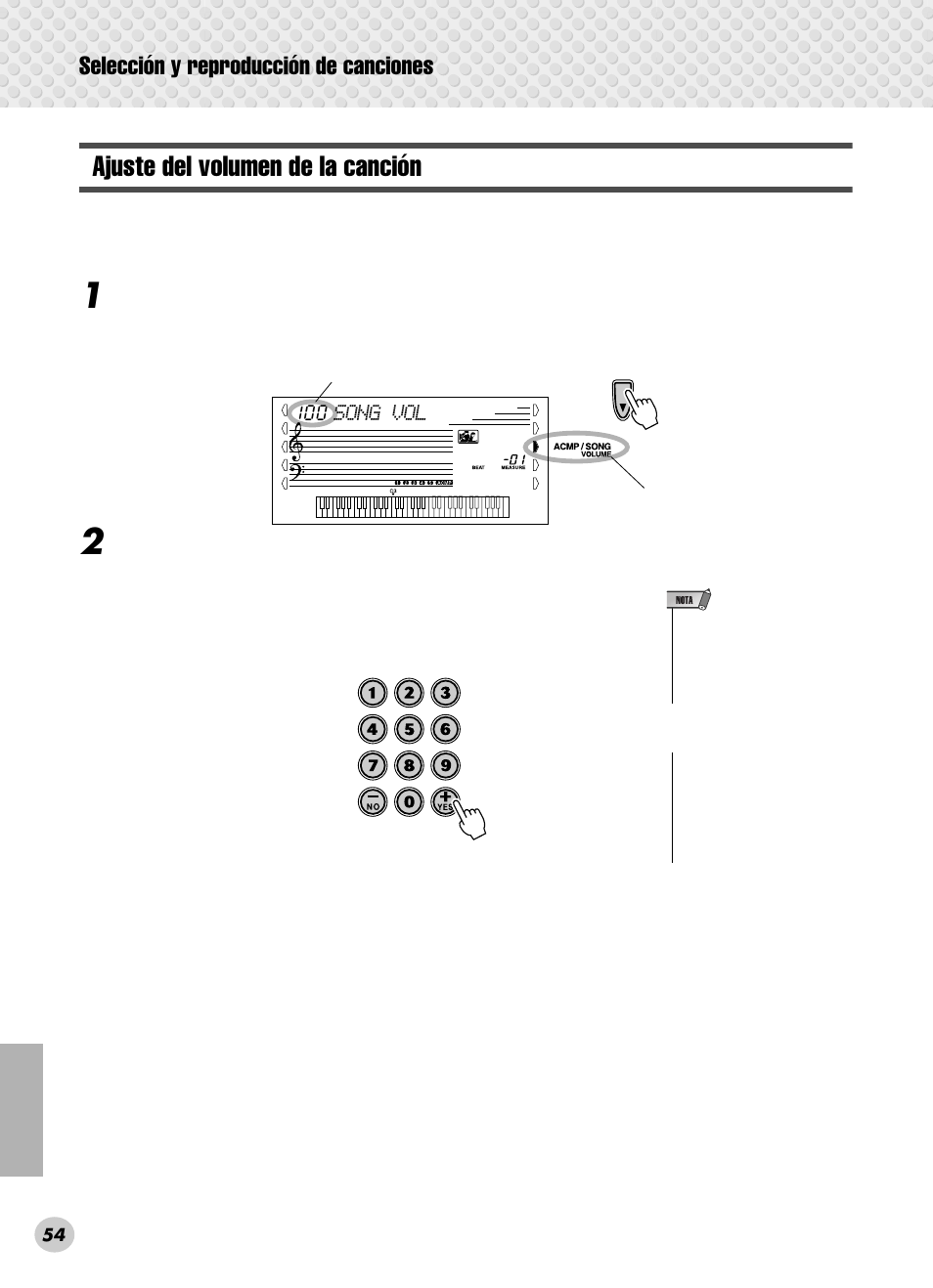 Ajuste del volumen de la canción, Selección y reproducción de canciones | Yamaha PSR-280 User Manual | Page 54 / 92