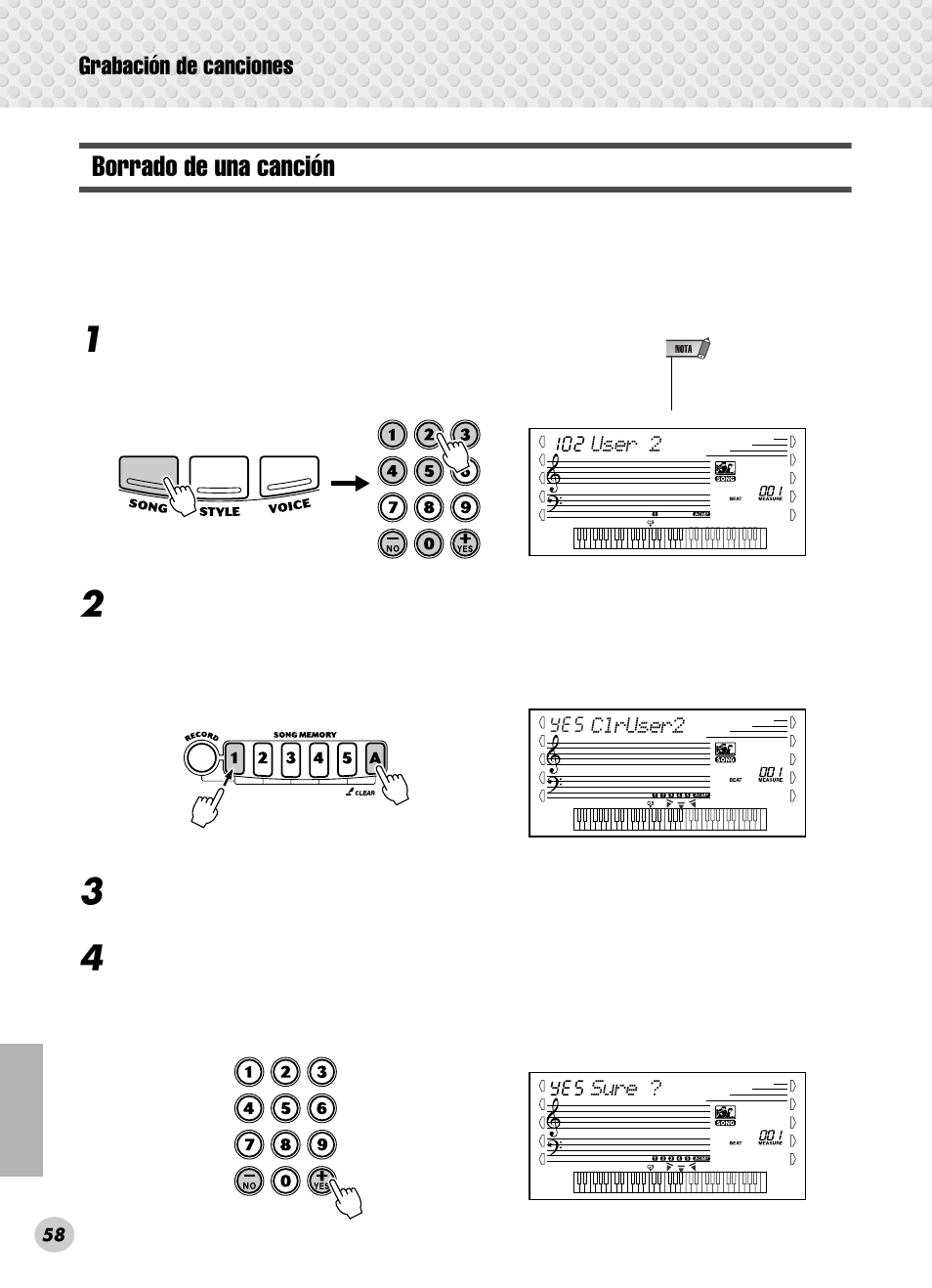 Borrado de una canción, Grabación de canciones | Yamaha PSR-280 User Manual | Page 58 / 92
